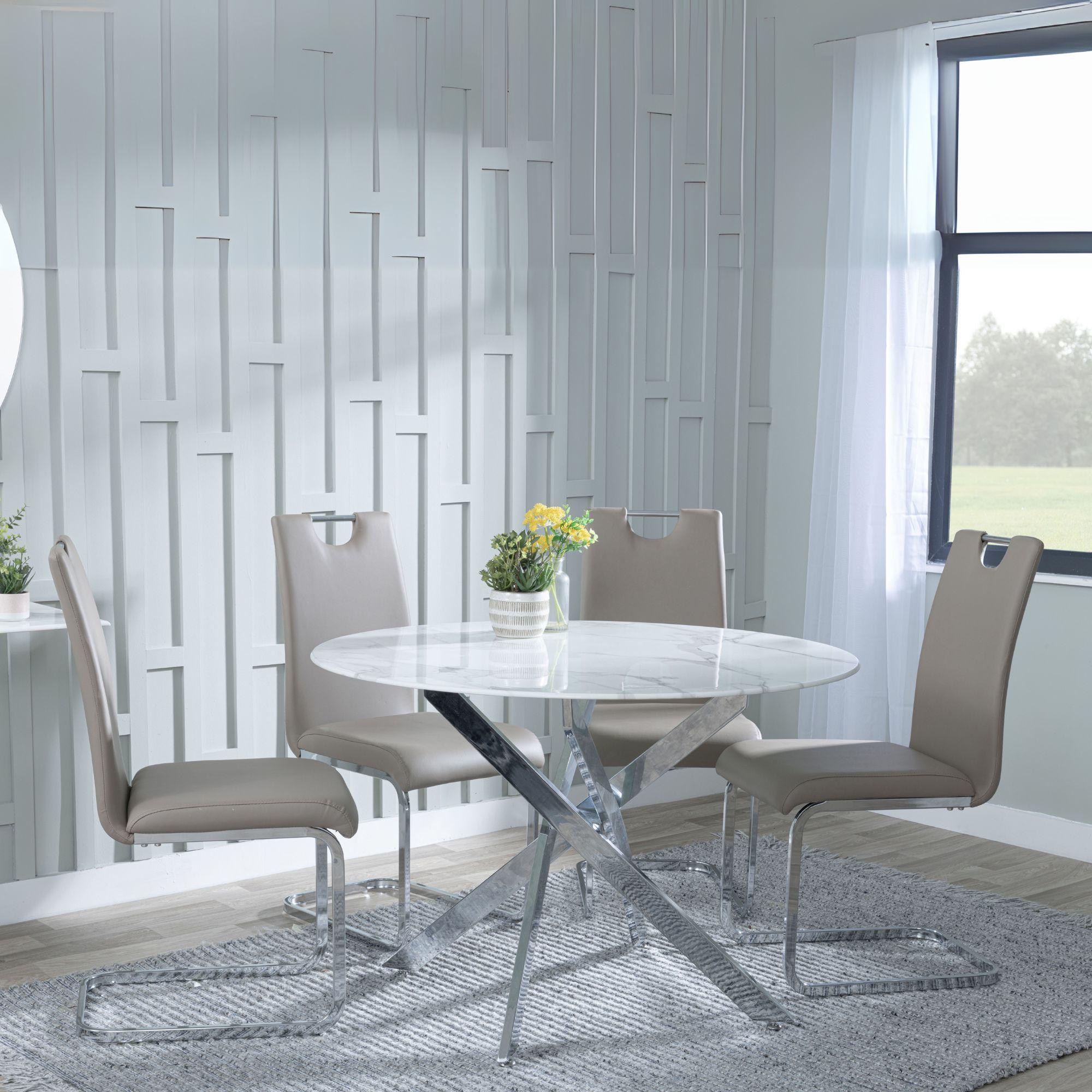 Clearance - Chopstick White Glass and Chrome Metal 4 Seater Round Dining Set - 4 Bianco Beige Faux Leather Dining Chair