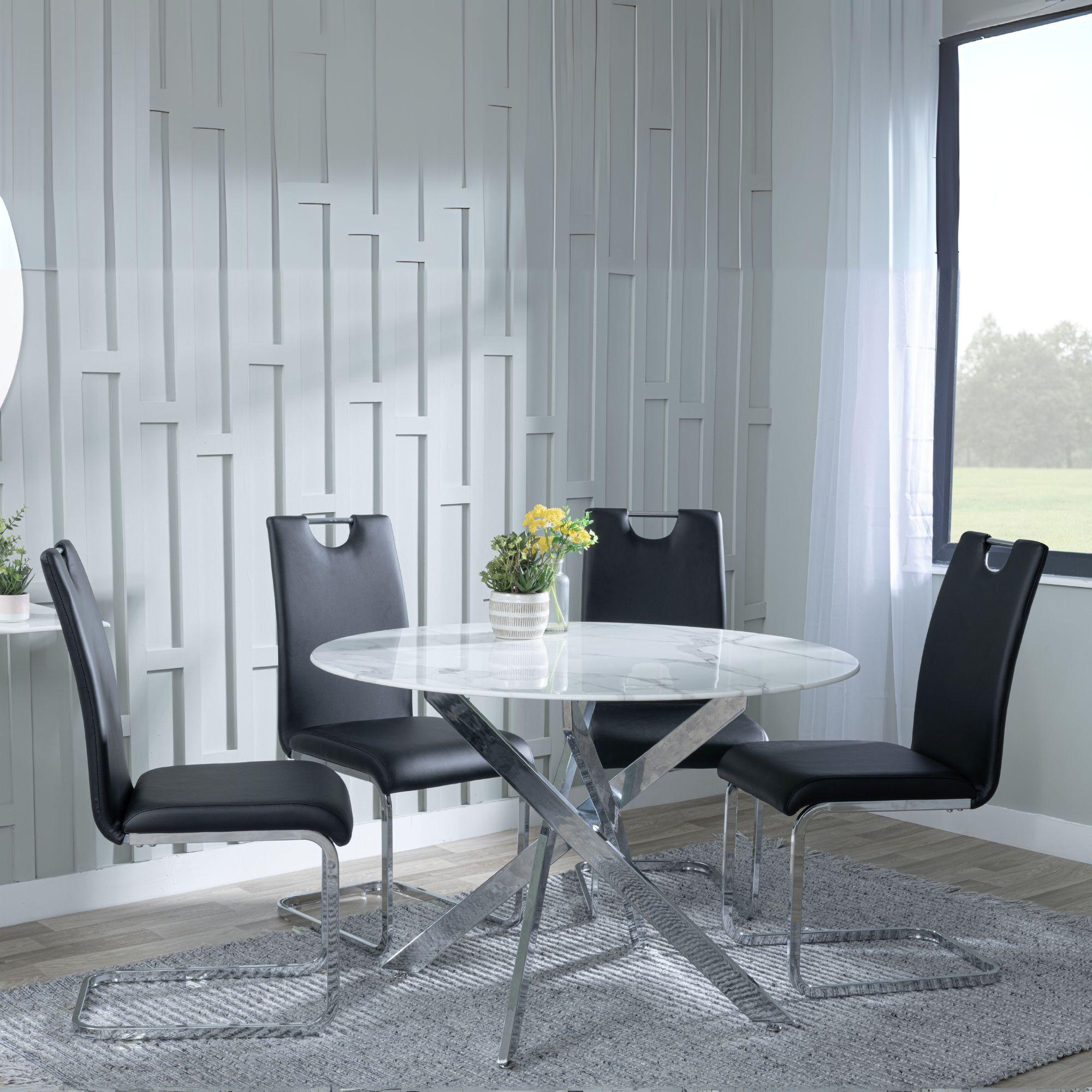 Clearance - Chopstick White Glass and Chrome Metal 4 Seater Round Dining Set - 4 Bianco Black Faux Leather Dining Chair