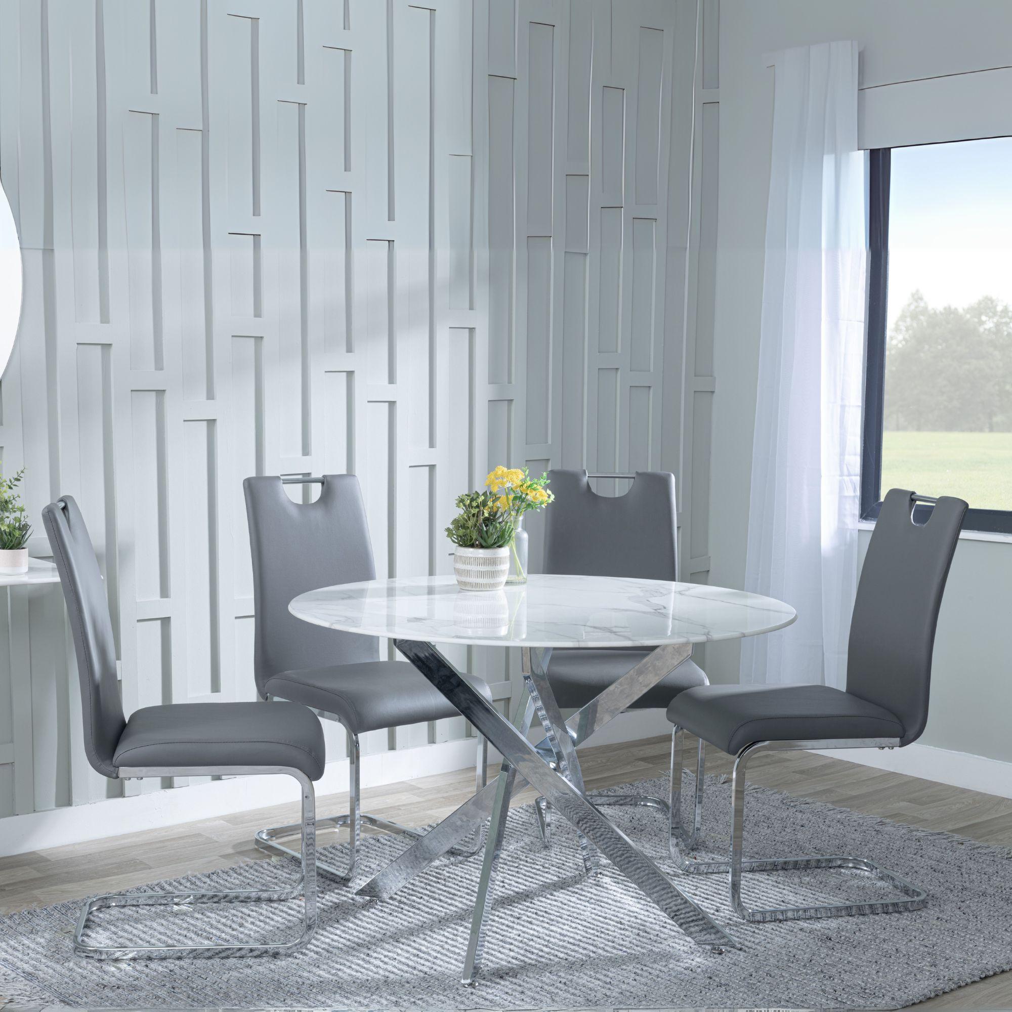 Clearance - Chopstick White Glass and Chrome Metal 4 Seater Round Dining Set - 4 Bianco Grey Faux Leather Dining Chair