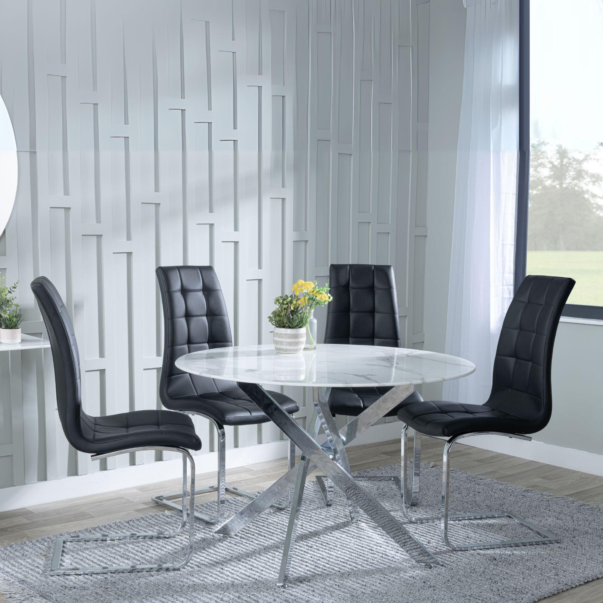 Clearance - Chopstick White Glass and Chrome Metal 4 Seater Round Dining Set - 4 Jamison Black Faux Leather Dining Chair