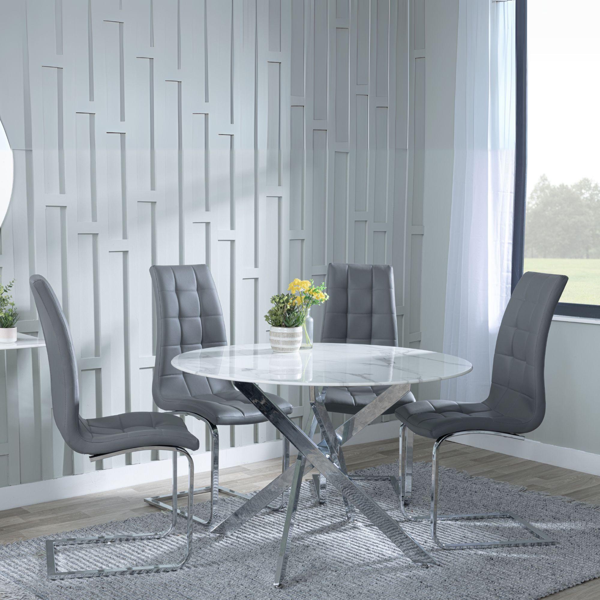 Clearance - Chopstick White Glass and Chrome Metal 4 Seater Round Dining Set - 4 Jamison Grey Faux Leather Dining Chair
