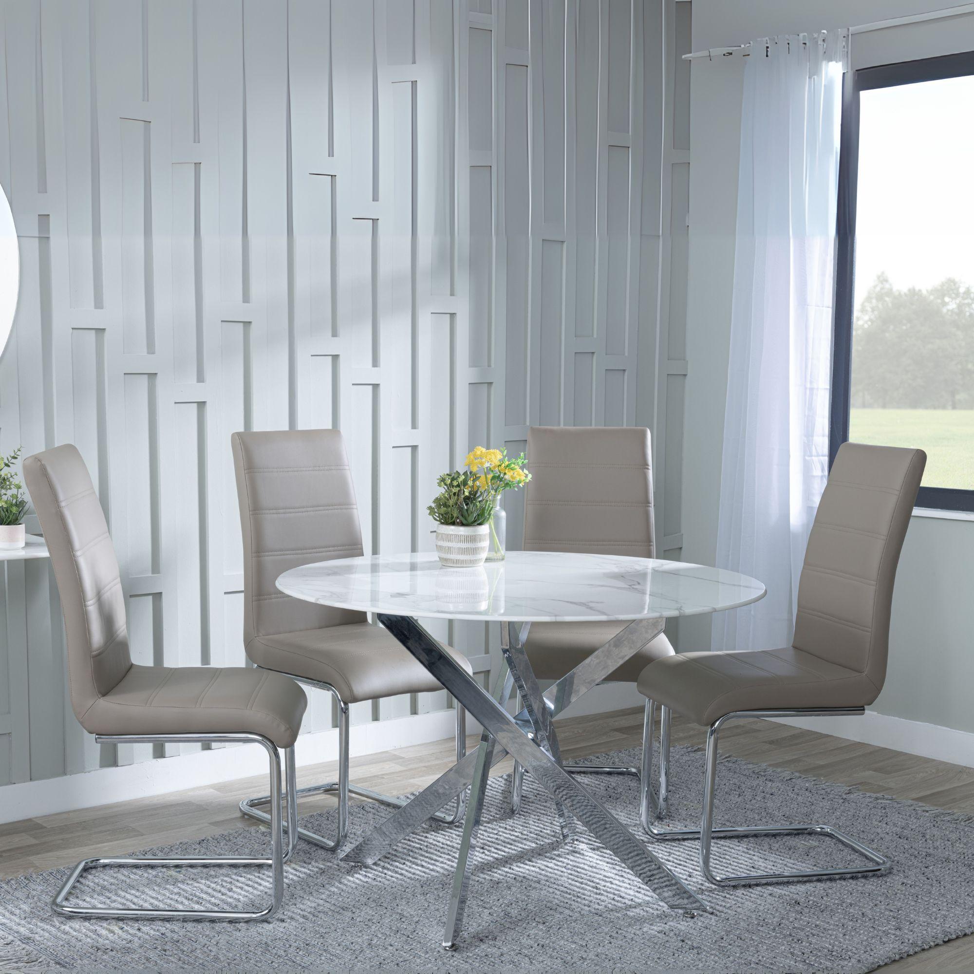 Clearance - Chopstick White Glass and Chrome Metal 4 Seater Round Dining Set - 4 Roma Beige Faux Leather Dining Chair