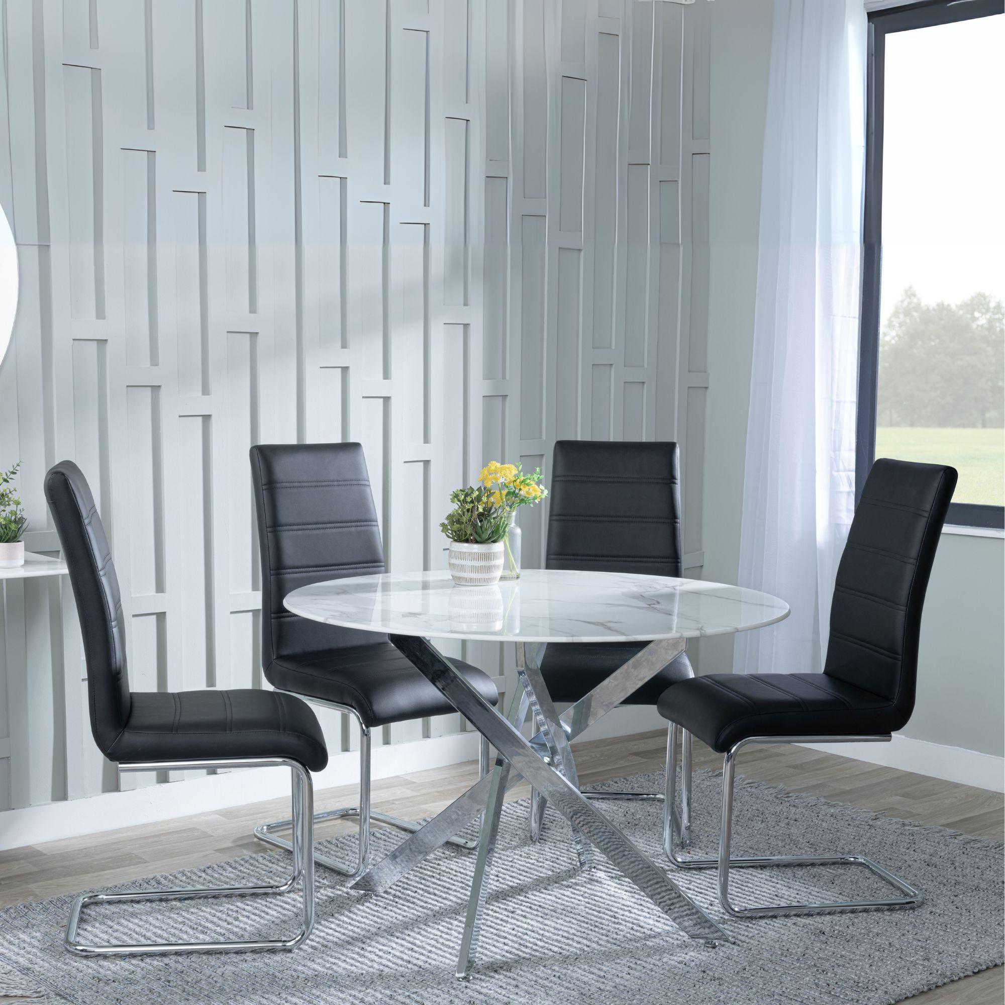 Clearance - Chopstick White Glass and Chrome Metal 4 Seater Round Dining Set - 4 Roma Black Faux Leather Dining Chair