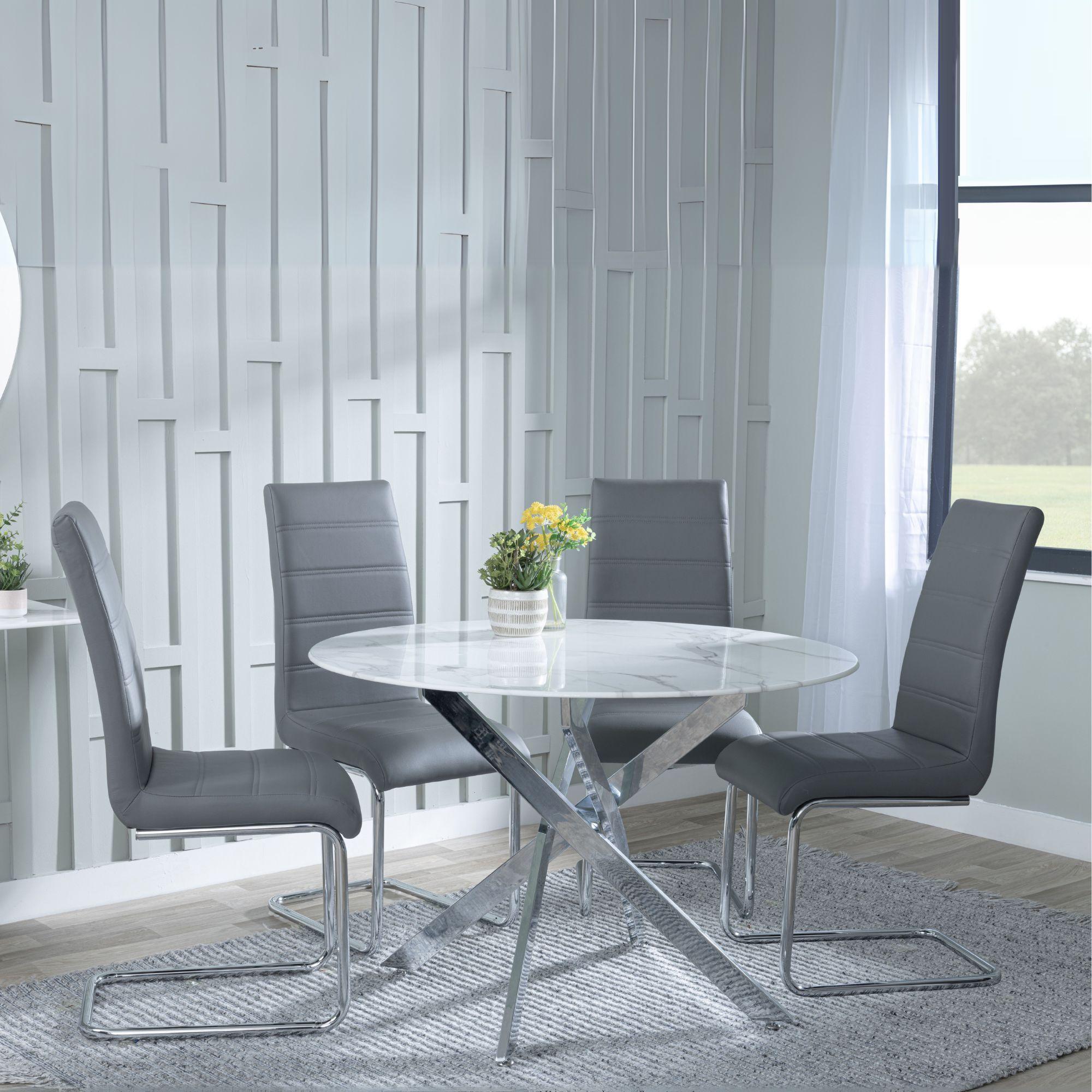 Clearance - Chopstick White Glass and Chrome Metal 4 Seater Round Dining Set - 4 Roma Grey Faux Leather Dining Chair