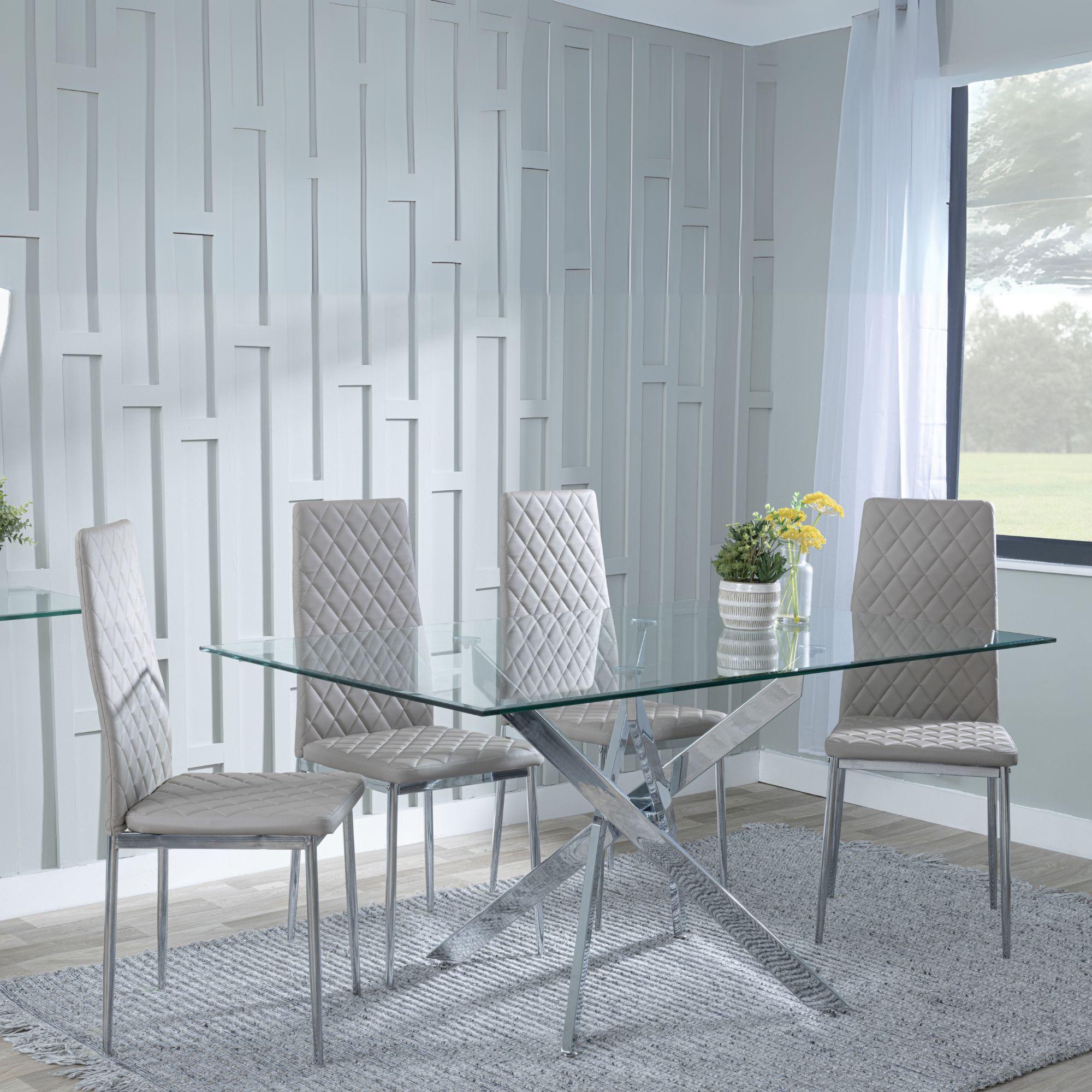 Clearance - Chopstick Clear Glass and Chrome Metal Dining Set - Metro Beige Leather Chairs with Chrome Legs