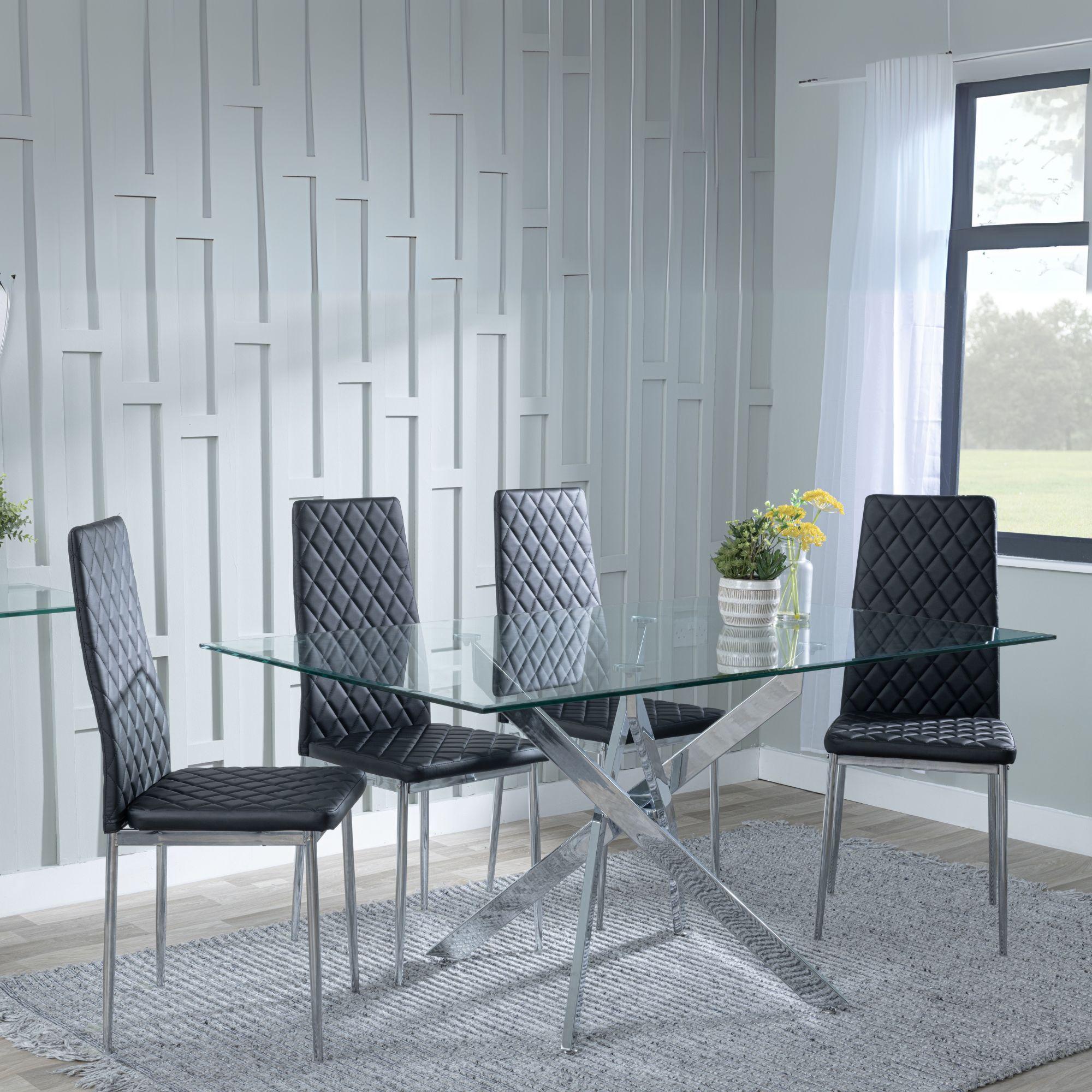 Clearance - Chopstick Clear Glass and Chrome Metal Dining Set - Metro Black Leather Chairs with Chrome Legs