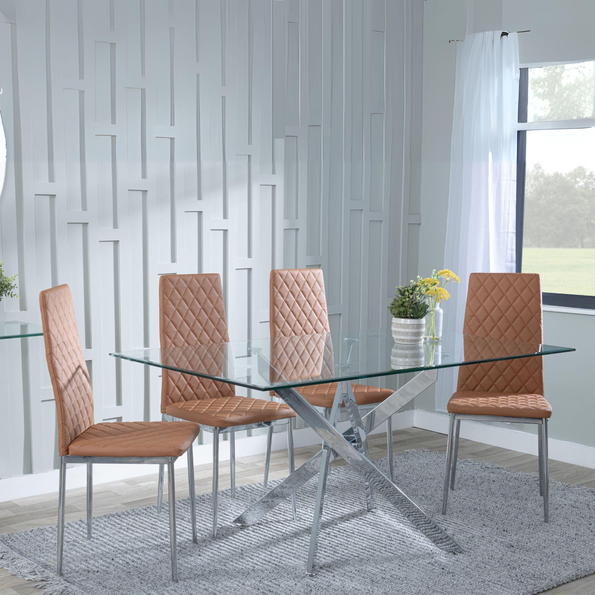 Clearance - Chopstick Clear Glass and Chrome Metal Dining Set - Metro Burnt Orange Leather Chairs with Chrome Legs