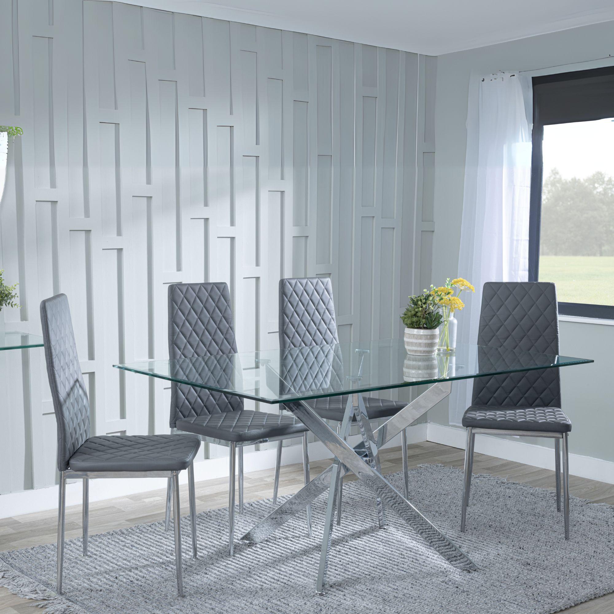 Clearance - Chopstick Clear Glass and Chrome Metal Dining Set - Metro Grey Leather Chairs with Chrome Legs
