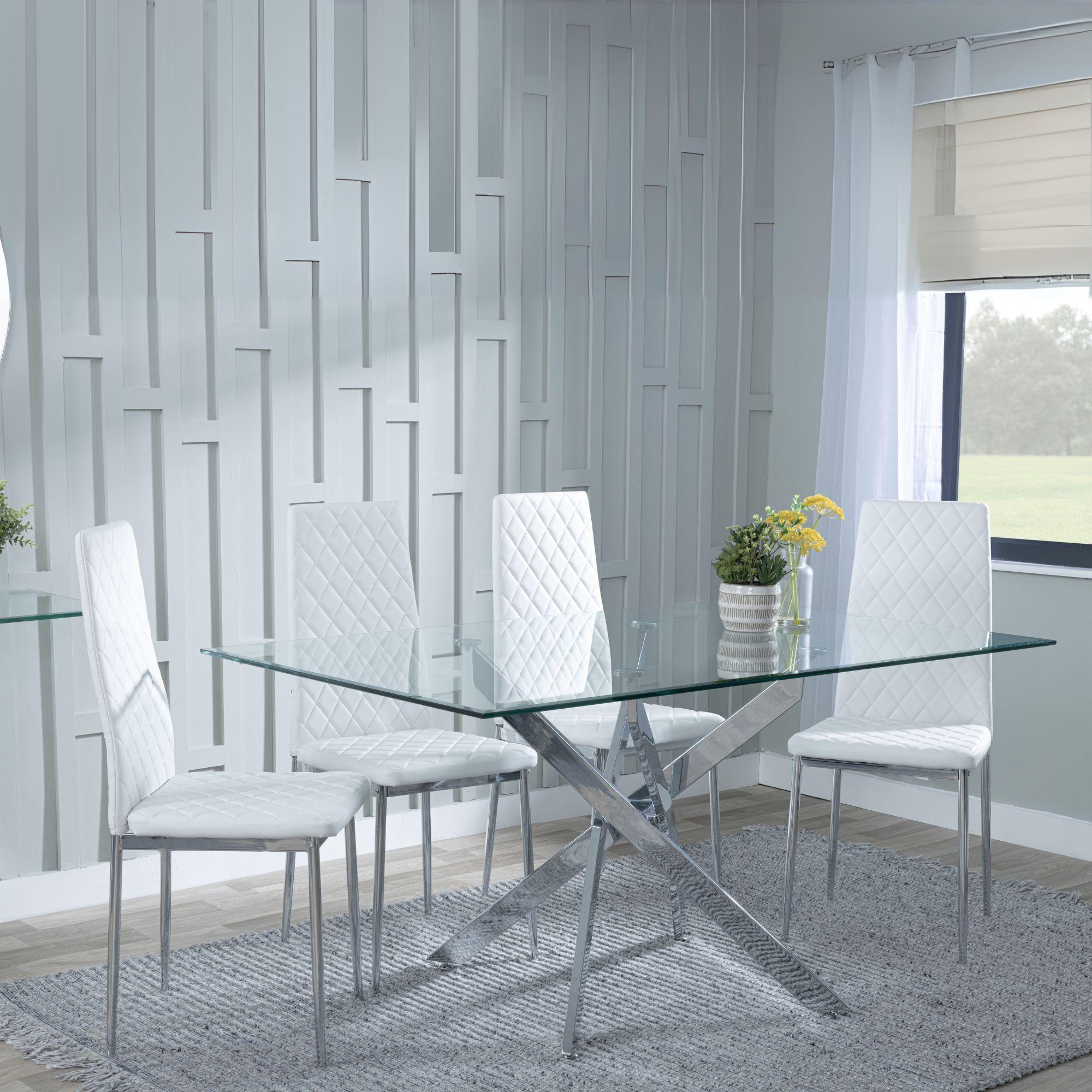Clearance - Chopstick Clear Glass and Chrome Metal Dining Set - Metro White Leather Chairs with Chrome Legs