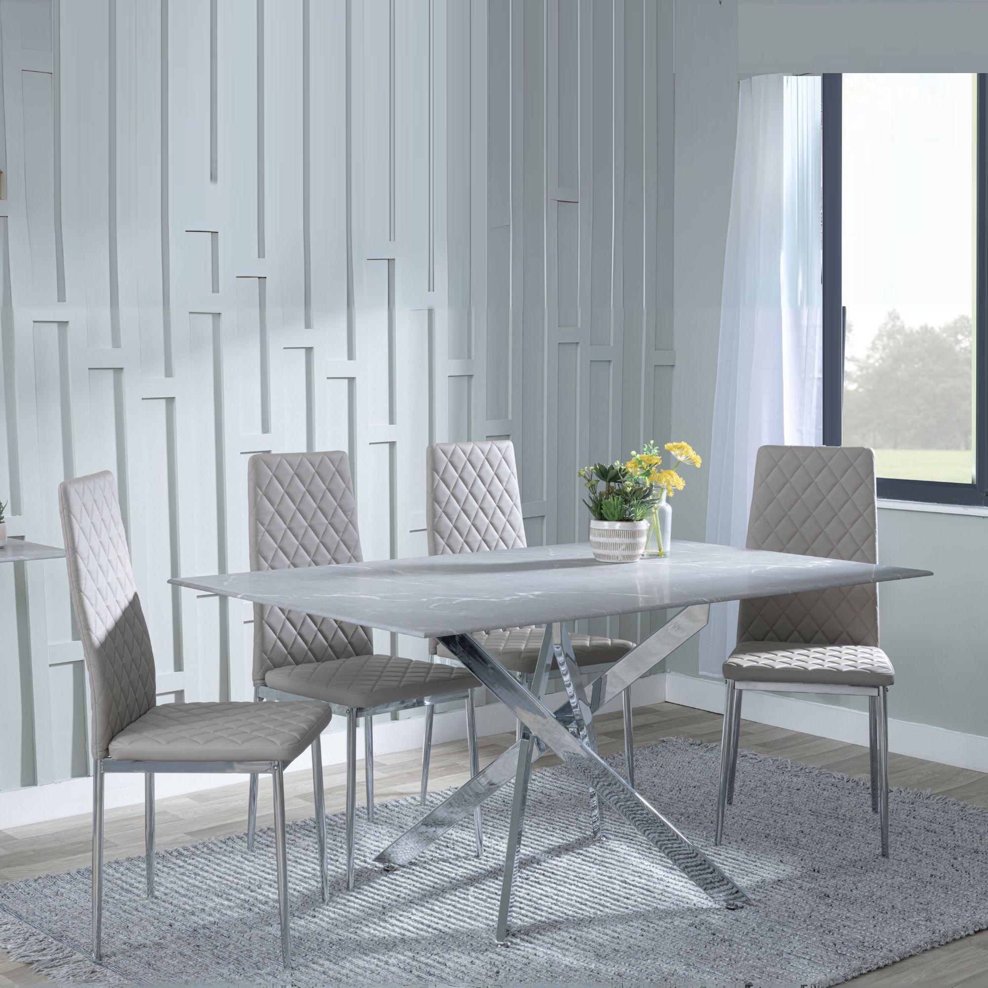 Clearance - Chopstick Grey Glass and Chrome Metal Dining Set - Metro Beige Leather Chairs with Chrome Legs