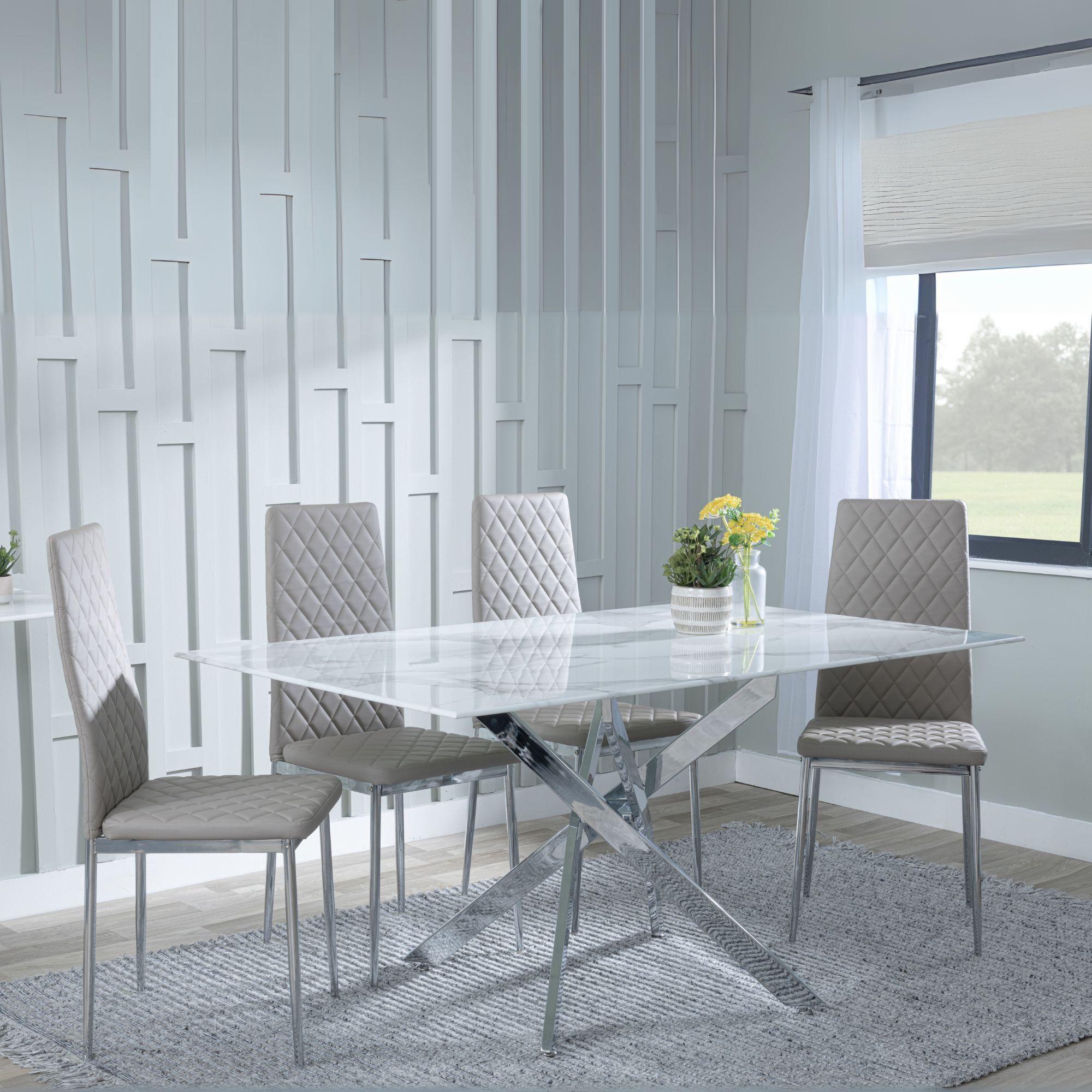 Clearance - Chopstick White Glass and Chrome Metal Dining Set - Metro Beige Leather Chairs with Chrome Legs