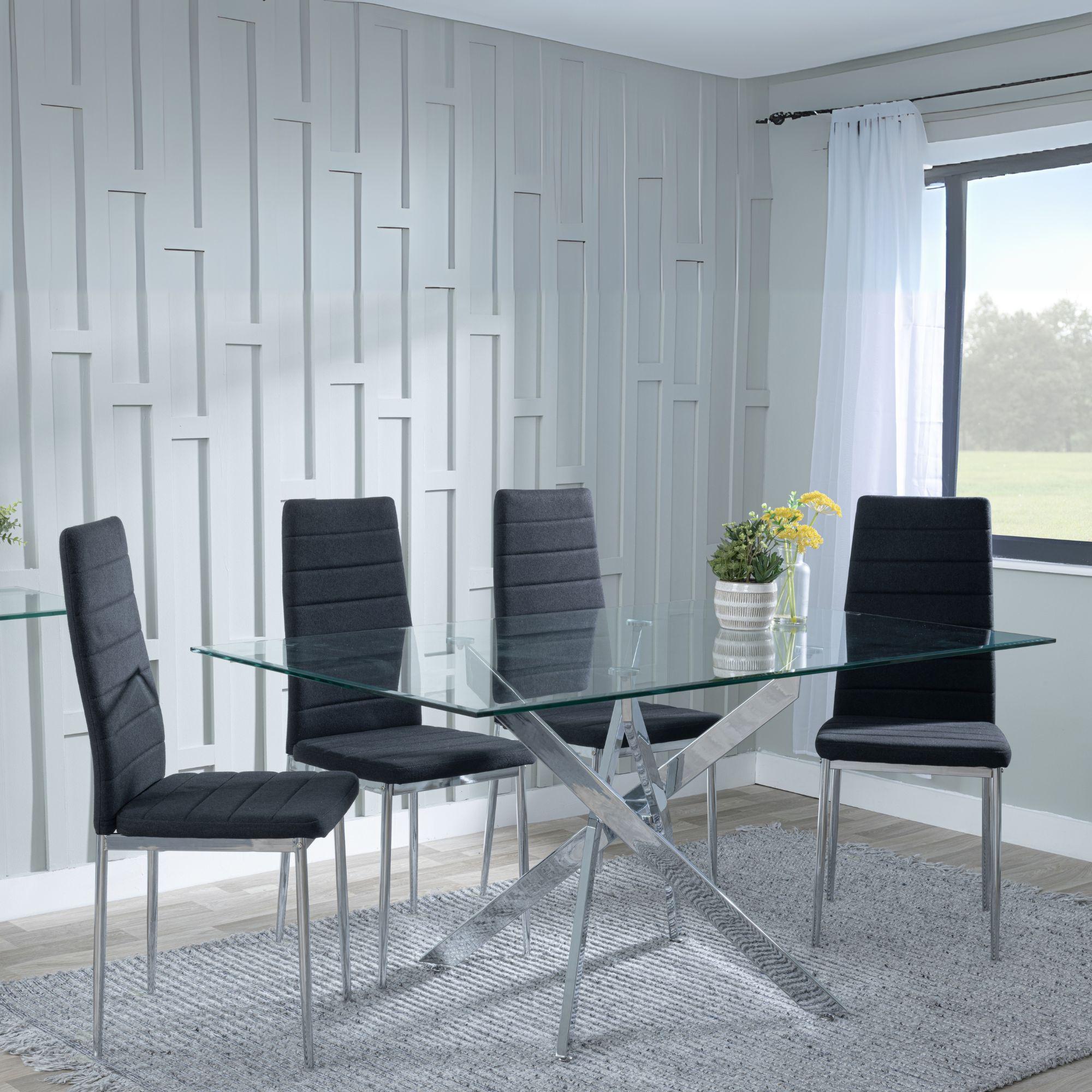 Clearance - Chopstick Clear Glass and Chrome Metal Dining Set - Lido Black Fabric Chairs with Chrome Legs