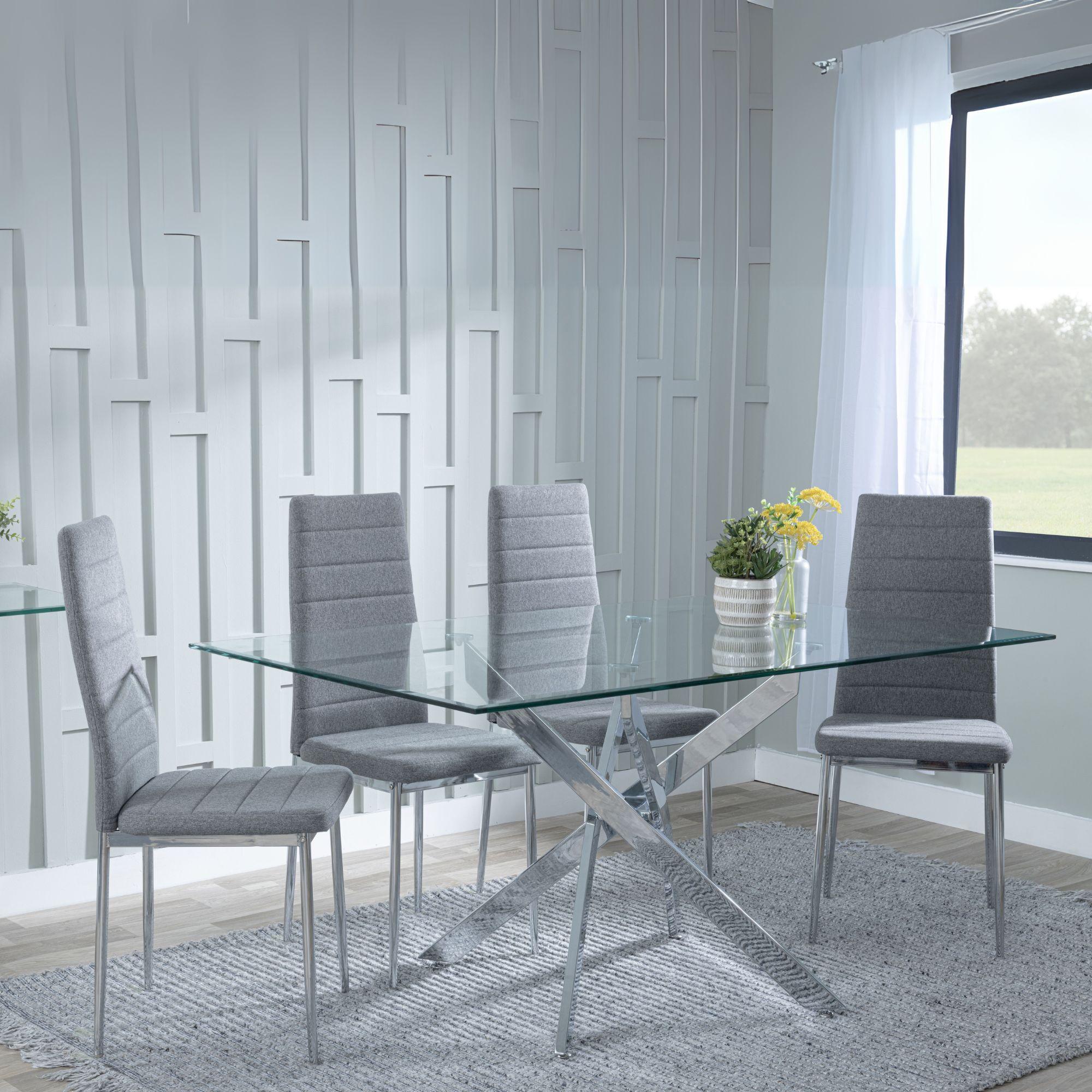 Clearance - Chopstick Clear Glass and Chrome Metal Dining Set - Lido Dark Grey Fabric Chairs with Chrome Legs