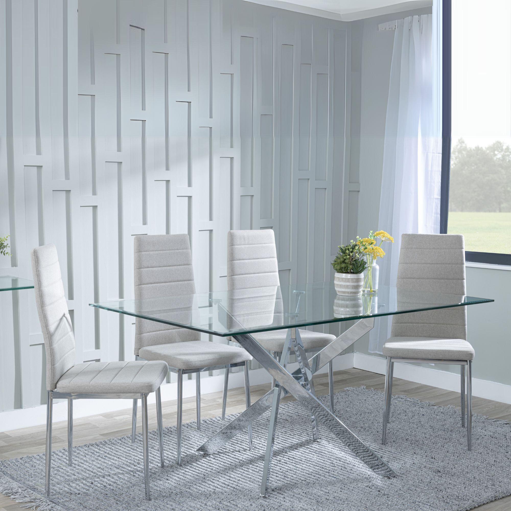 Clearance - Chopstick Clear Glass and Chrome Metal Dining Set - Lido Sand Fabric Chairs with Chrome Legs