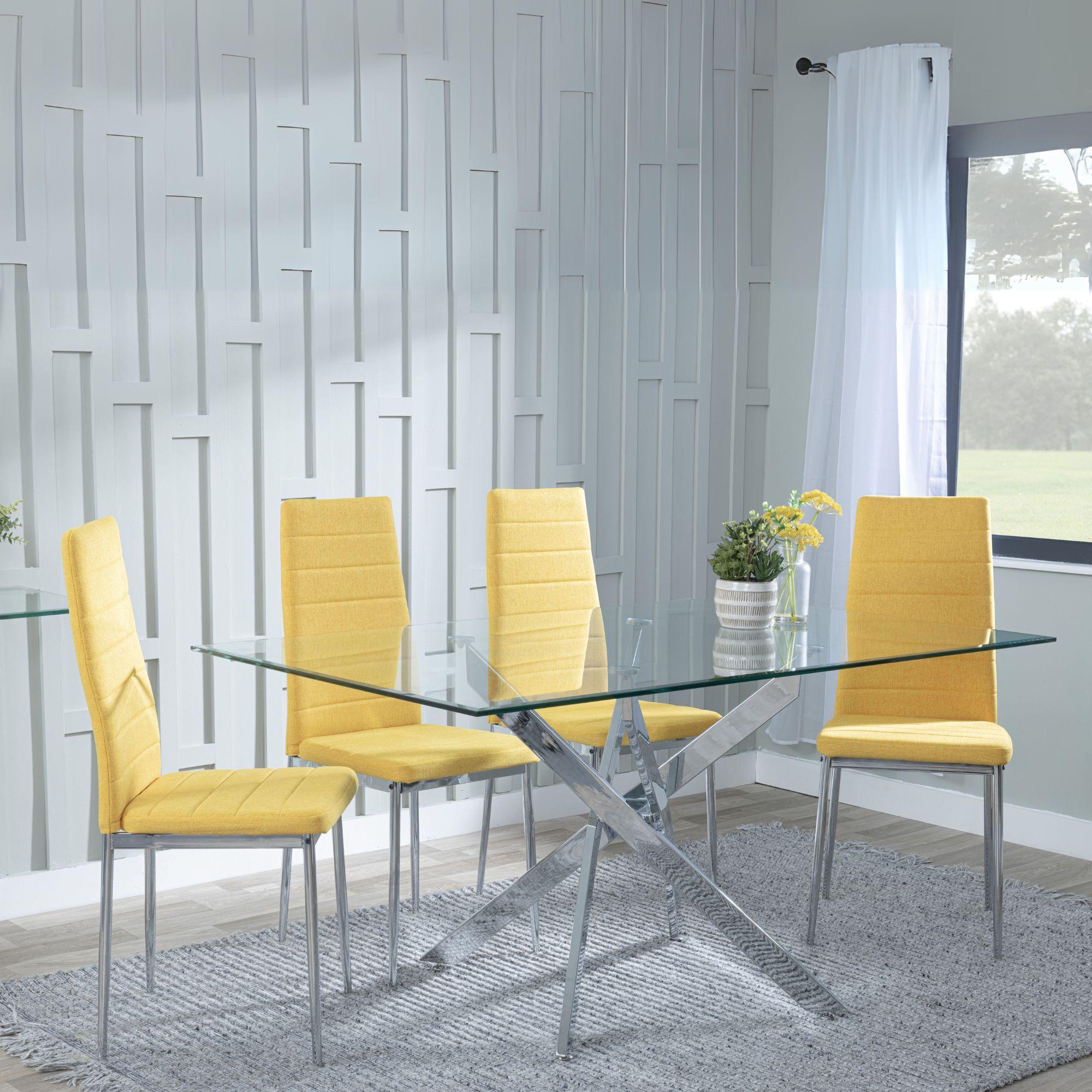 Clearance - Chopstick Clear Glass and Chrome Metal Dining Set - Lido Yellow Fabric Chairs with Chrome Legs