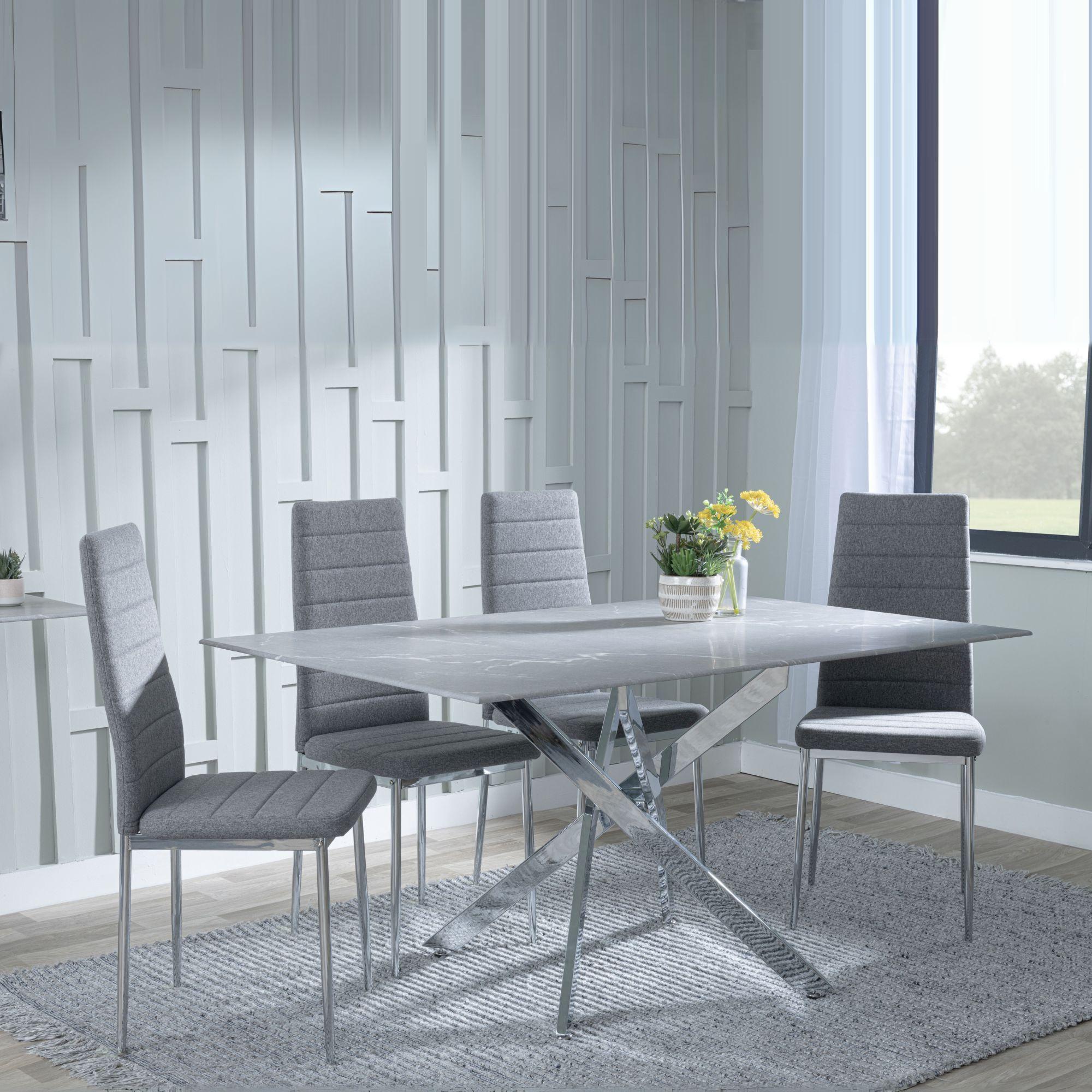Clearance - Chopstick Grey Glass and Chrome Metal Dining Set - Lido Dark Grey Fabric Chairs with Chrome Legs