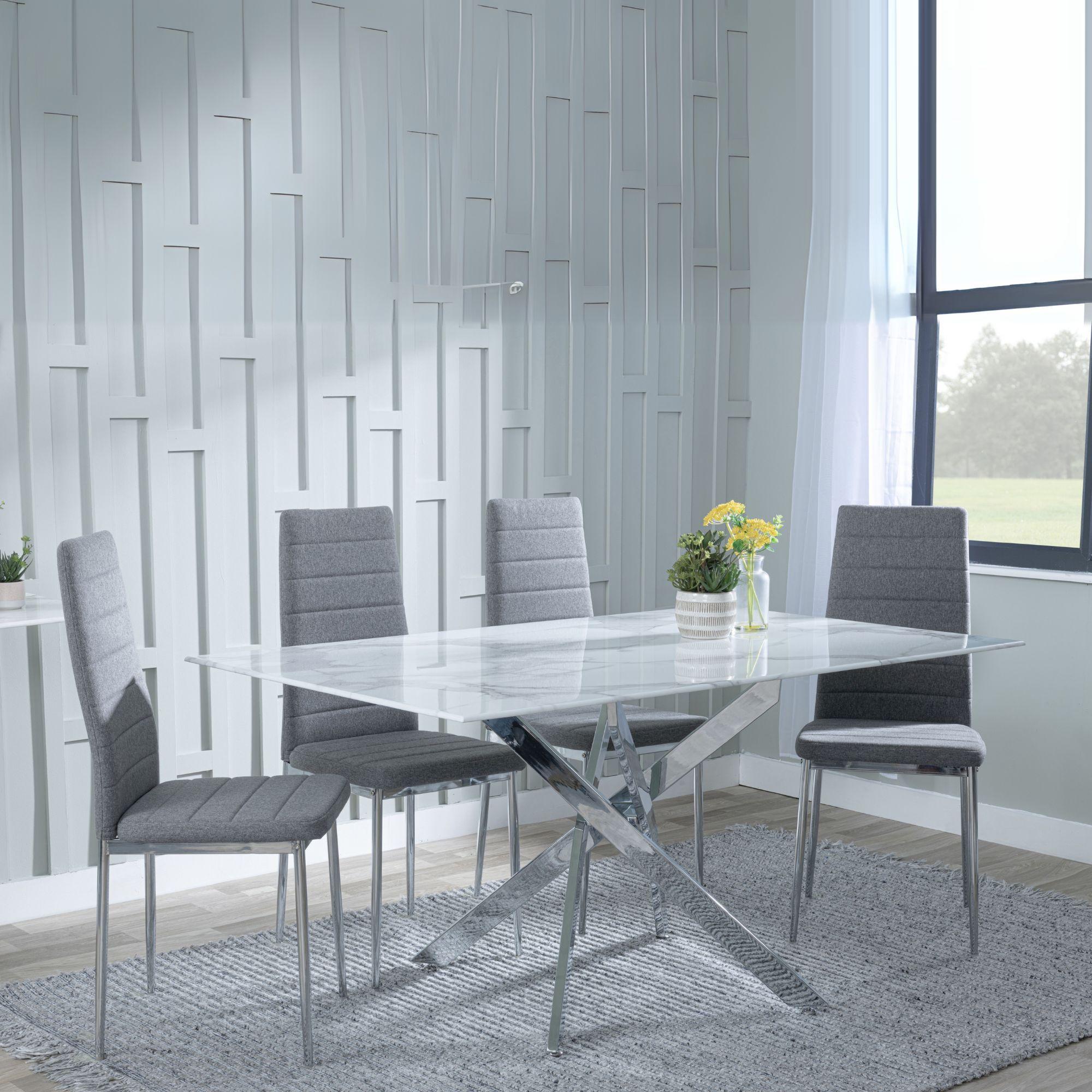 Clearance - Chopstick White Glass and Chrome Metal Dining Set - Lido Dark Grey Fabric Chairs with Chrome Legs