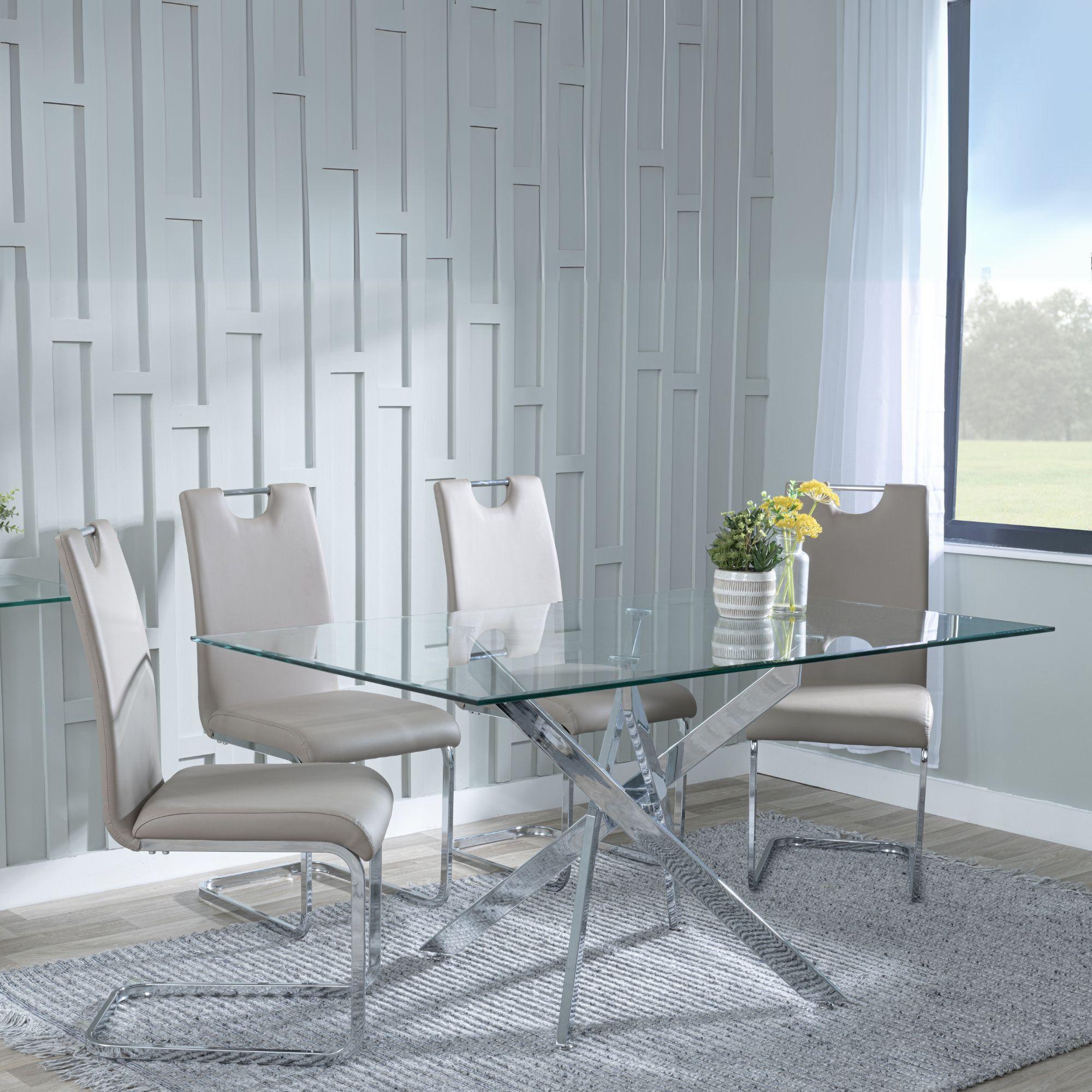 Clearance - Chopstick Clear Glass and Chrome Metal Dining Set - Bianco Beige Faux Leather Dining Chair