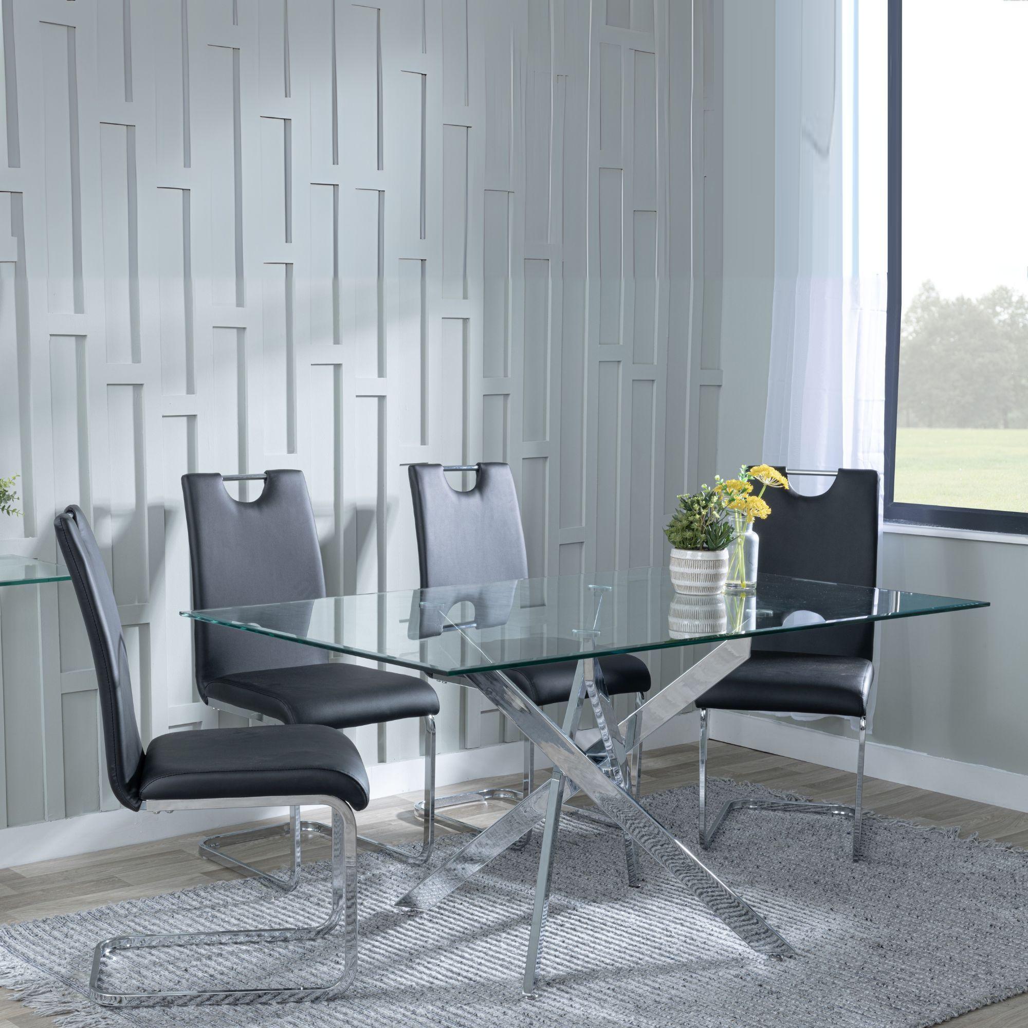 Clearance - Chopstick Clear Glass and Chrome Metal Dining Set - Bianco Black Faux Leather Dining Chair