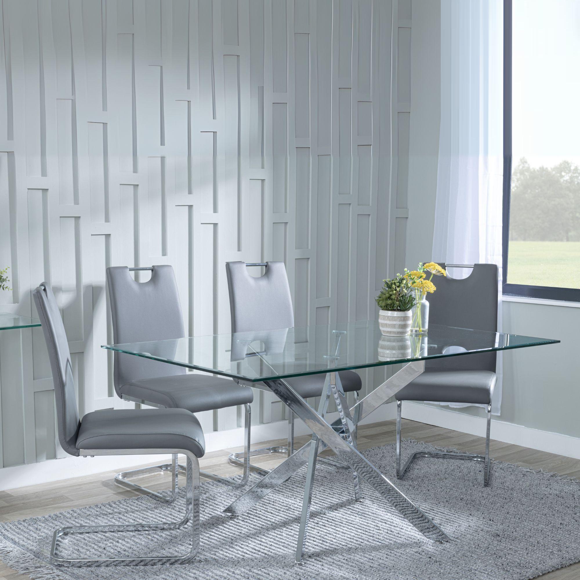 Clearance - Chopstick Clear Glass and Chrome Metal Dining Set - Bianco Grey Faux Leather Dining Chair