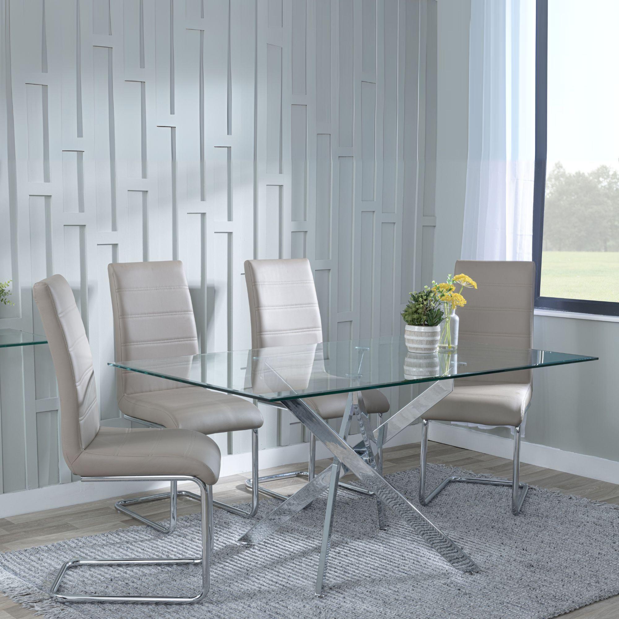 Clearance - Chopstick Clear Glass and Chrome Metal Dining Set - Roma Beige Faux Leather Dining Chair