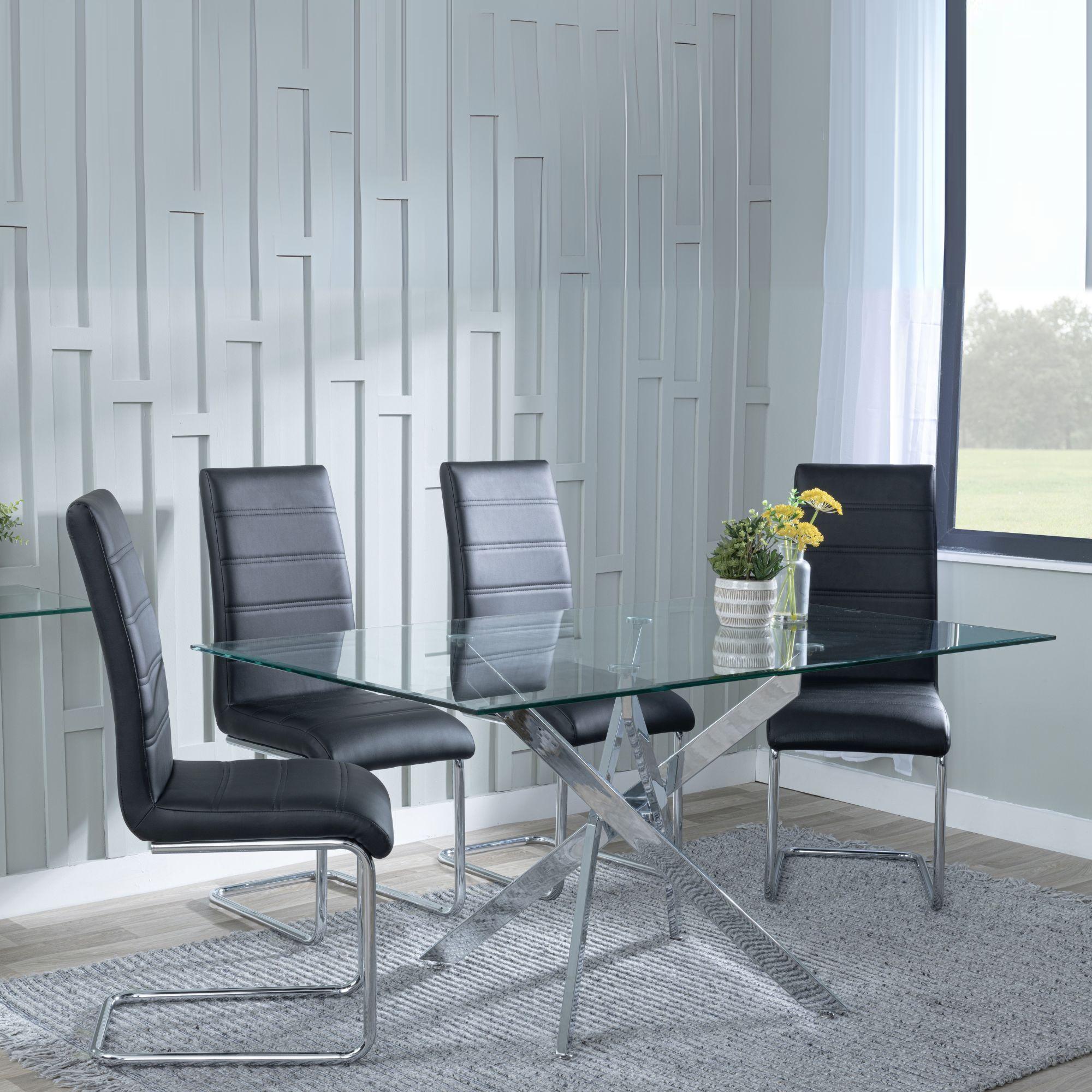 Clearance - Chopstick Clear Glass and Chrome Metal Dining Set - Roma Black Faux Leather Dining Chair