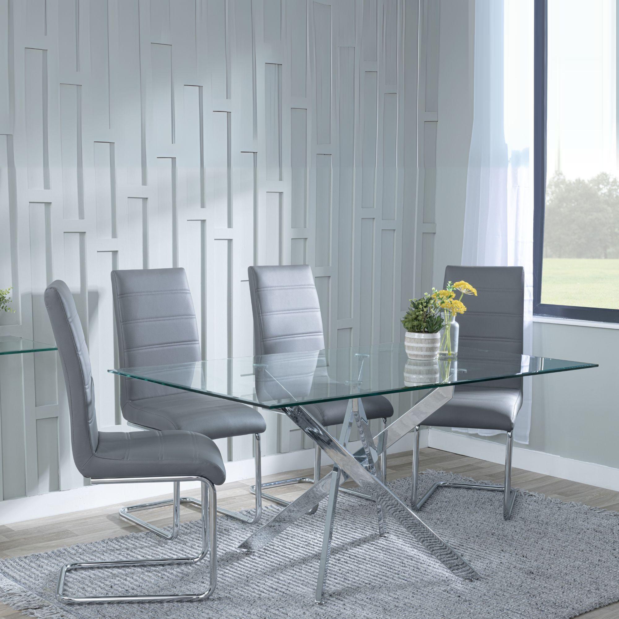 Clearance - Chopstick Clear Glass and Chrome Metal Dining Set - Roma Grey Faux Leather Dining Chair