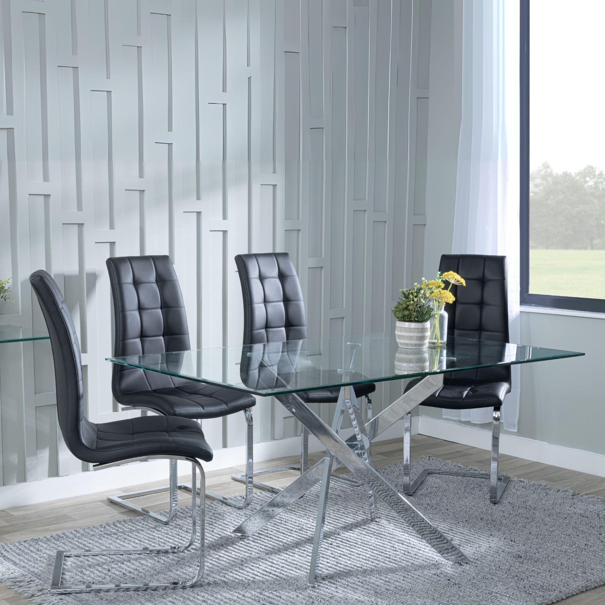 Clearance - Chopstick Clear Glass and Chrome Metal Dining Set - Jamison Black Faux Leather Dining Chair