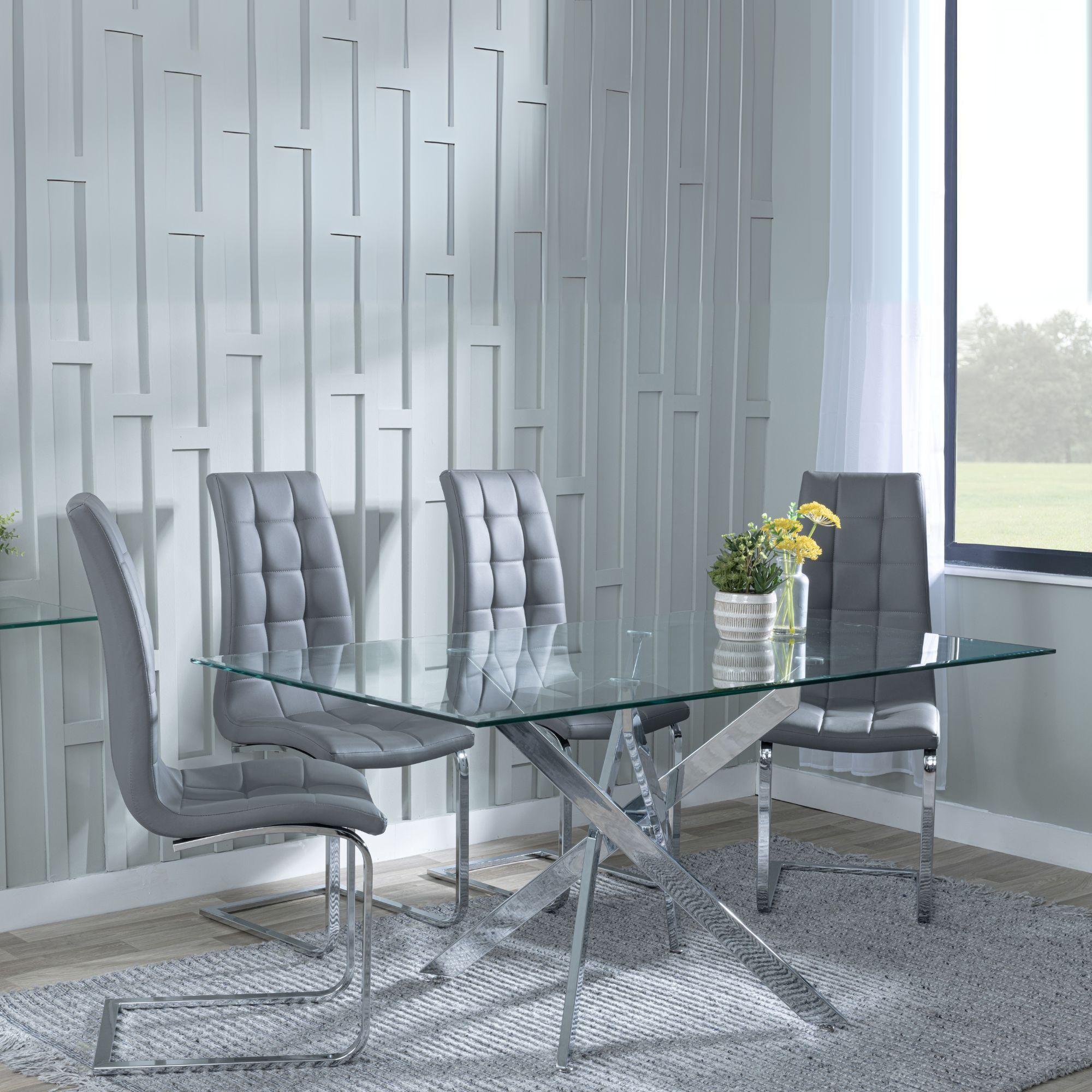 Clearance - Chopstick Clear Glass and Chrome Metal Dining Set - Jamison Grey Faux Leather Dining Chair
