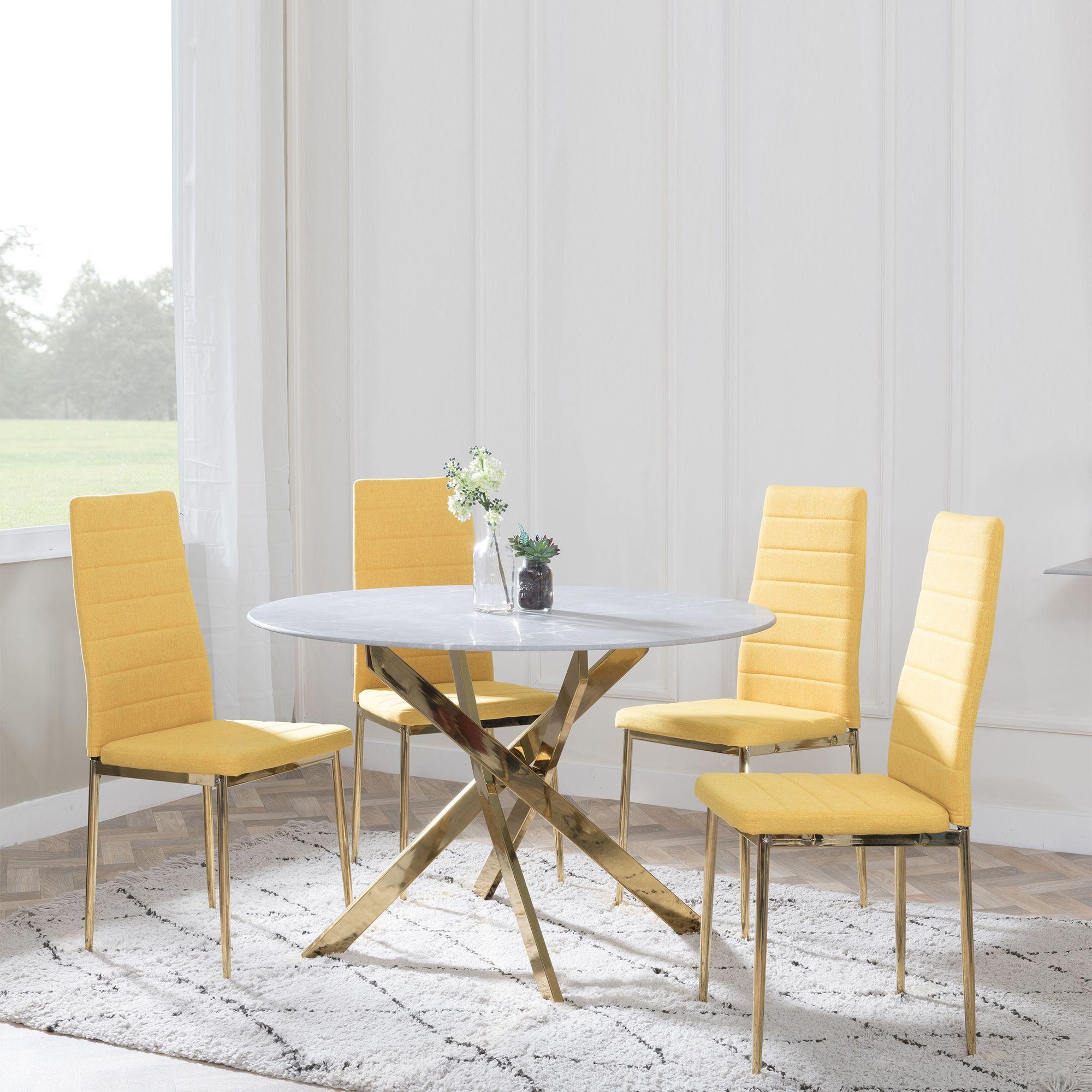 Chopstick Grey Glass and Gold Metal 4 Seater Round Dining Set - 4 Lido Yellow Fabric Chairs with Gold Legs