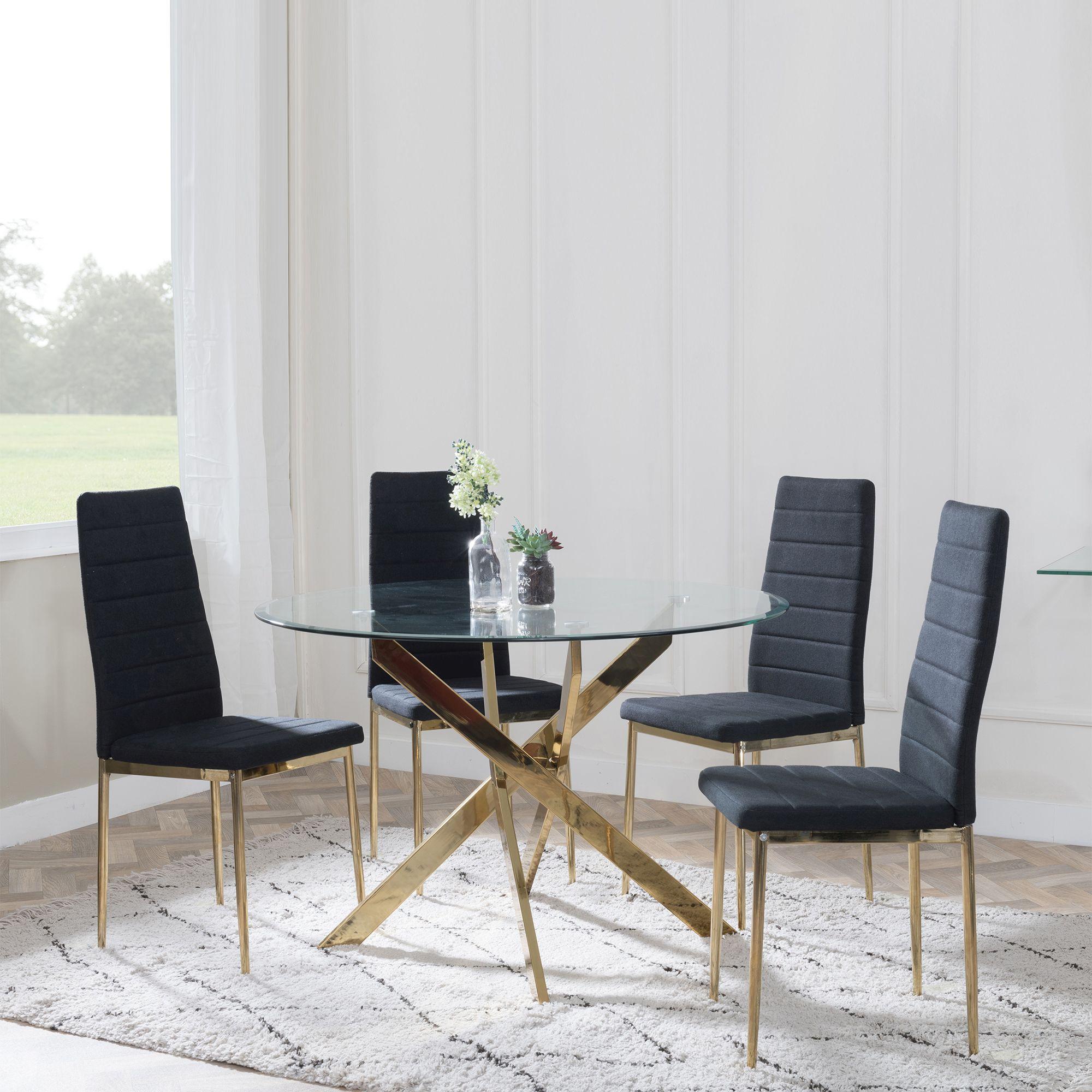 Chopstick Clear Glass and Gold Metal 4 Seater Round Dining Set - 4 Lido Black Fabric Chairs with Gold Legs