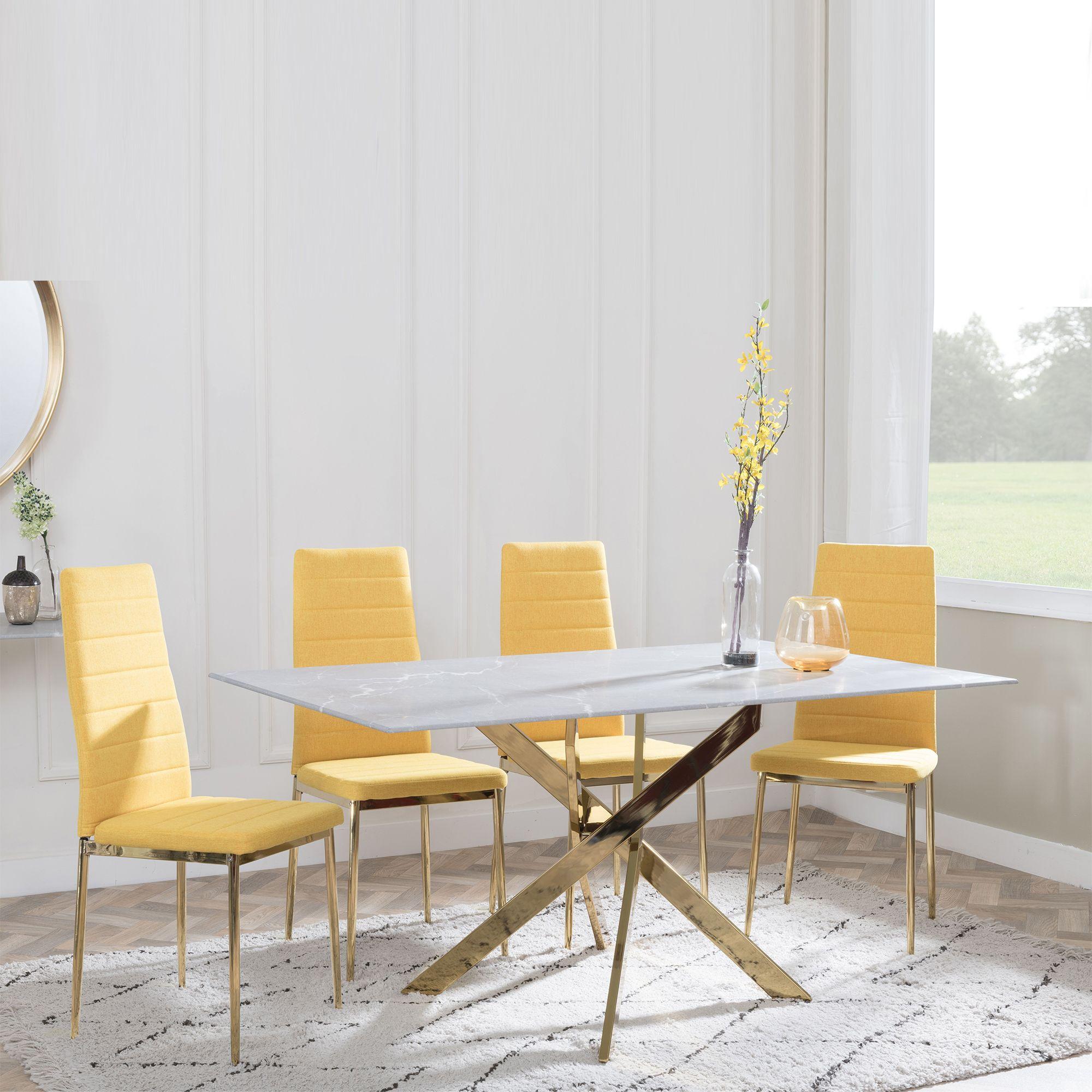 Chopstick Grey Glass and Gold Metal Dining Set - Lido Yellow Fabric Chairs with Gold Legs