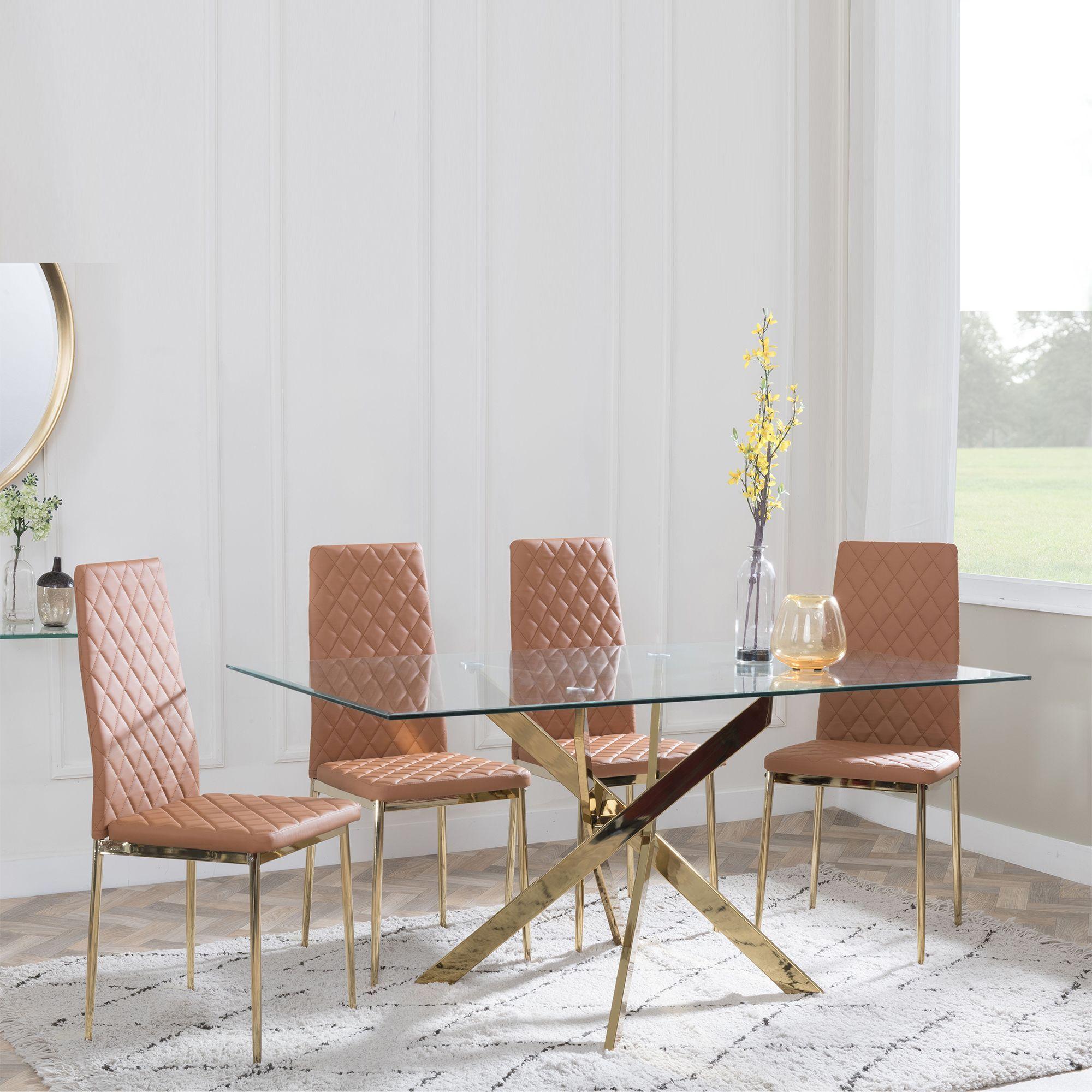 Chopstick Clear Glass and Gold Metal Dining Set - Metro Burnt Orange Leather Chairs with Gold Legs