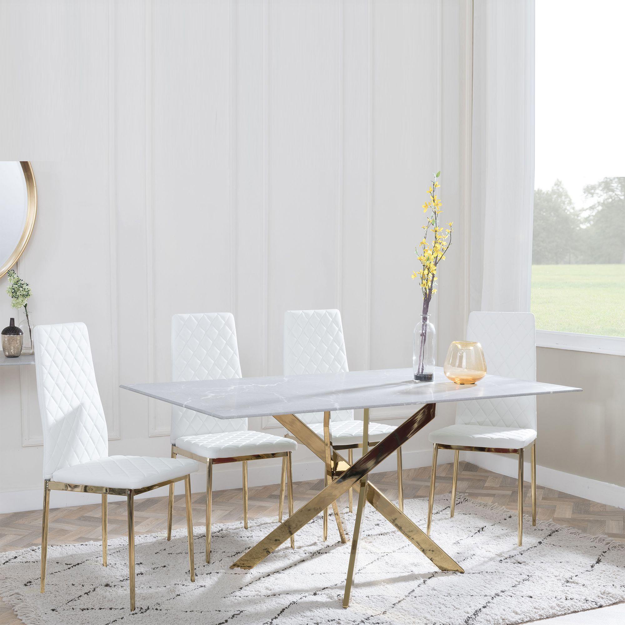 Chopstick Grey Glass and Gold Metal Dining Set - Metro White Leather Chairs with Gold Legs