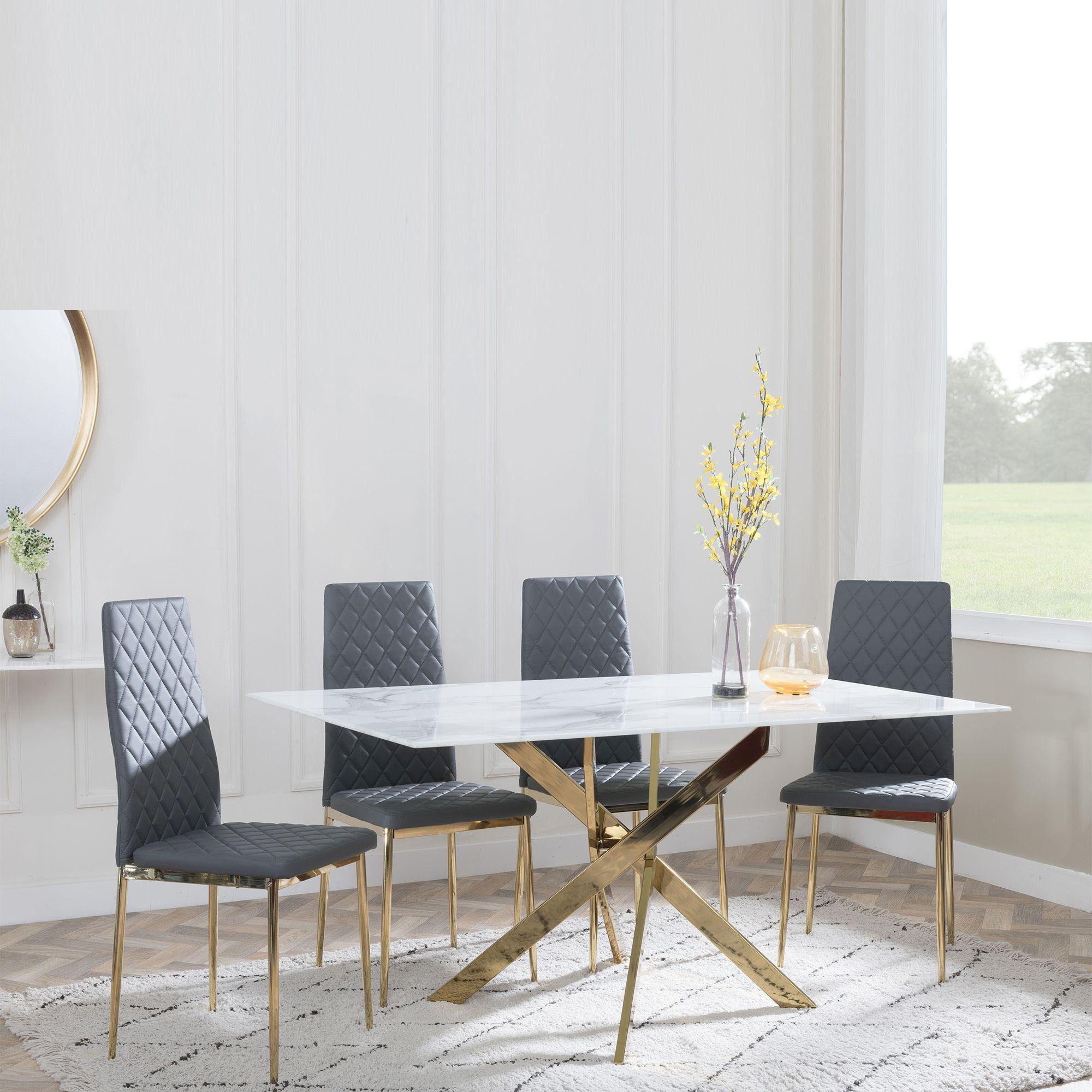 Chopstick White Glass and Gold Metal Dining Set - Metro Grey Leather Chairs with Gold Legs
