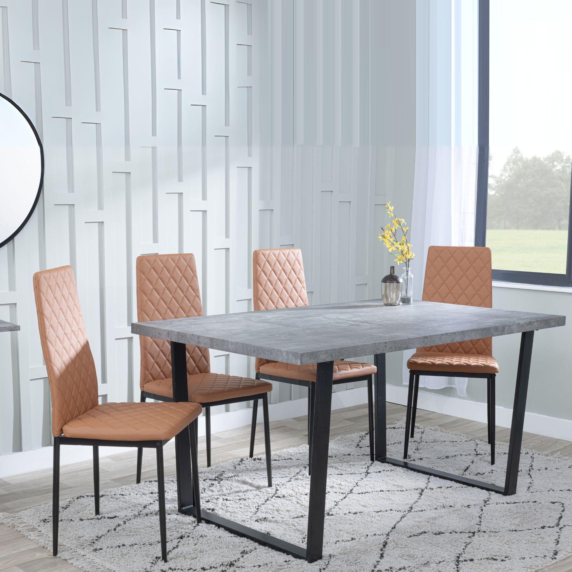 Clearance - Texas Grey Faux Concrete Dining Set - Metro Burnt Orange Leather Chairs with Black Legs