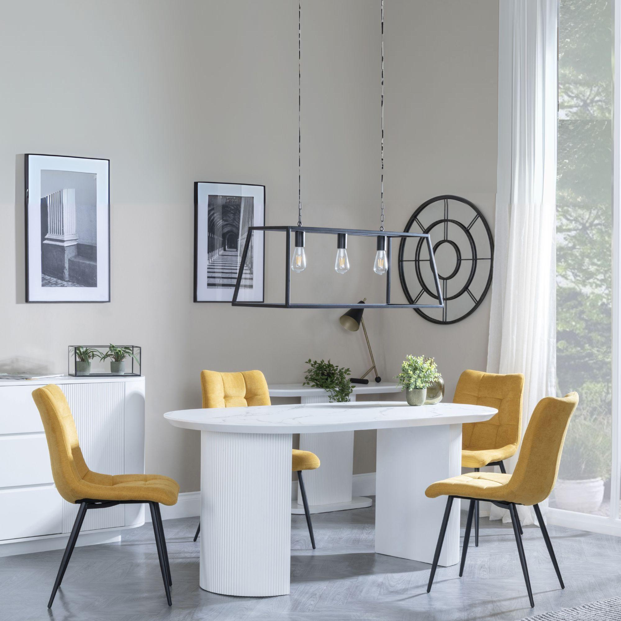 Luxor White Marble Effect Oval Dining Set - Corona Yellow Fabric Chairs