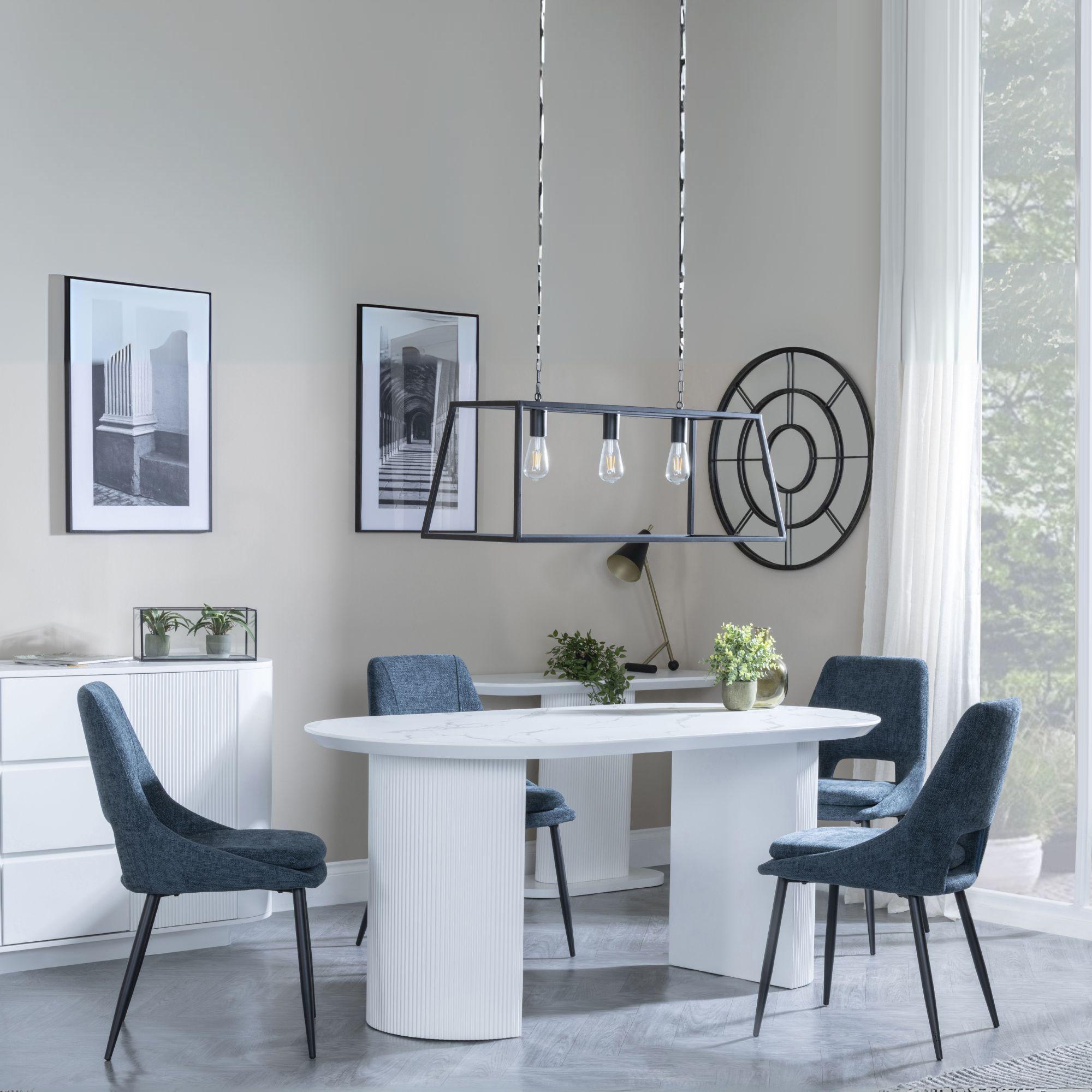 Luxor White Marble Effect Oval Dining Set - Peyton Blue Fabric Dining Chair