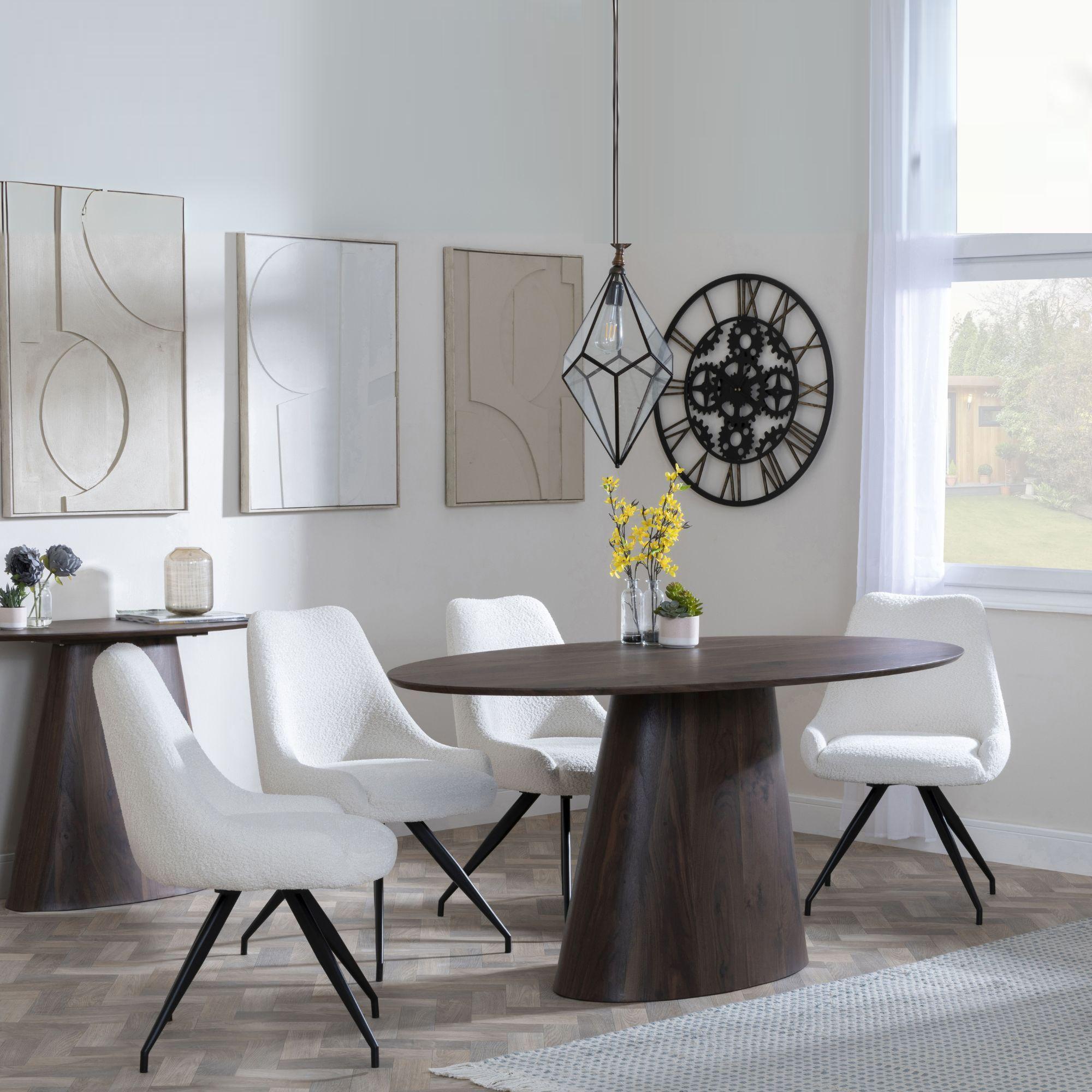 Palma Walnut Oval Dining Set Arctic Cream Velvet Fabric Swivel