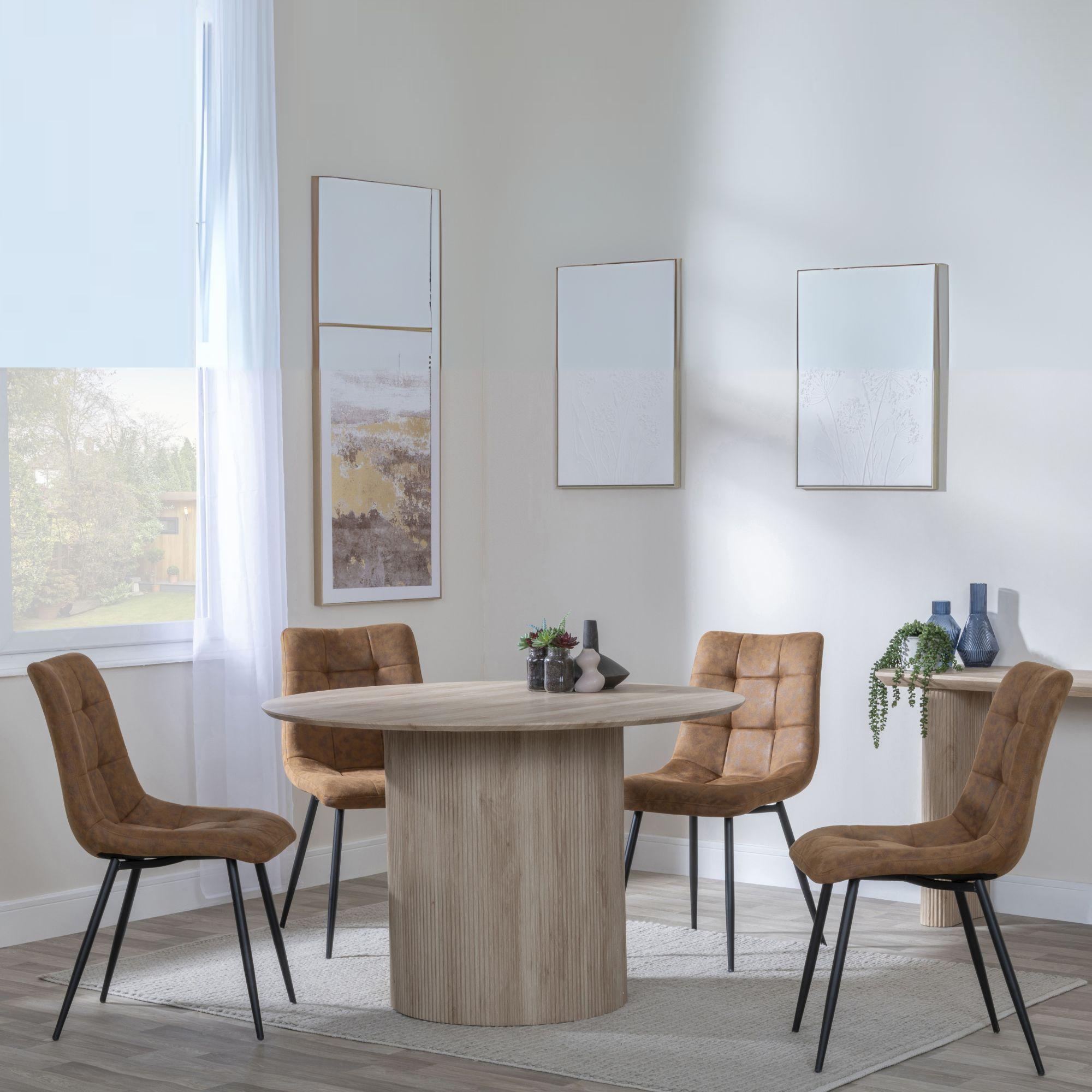 Bern Fluted Oak Effect 4 Seater Round Dining Set - 4 Corona Brown Fabric Chairs