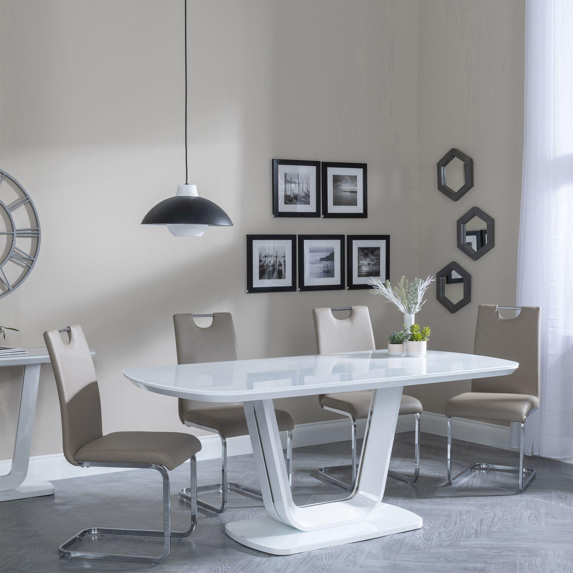 Clearance - Athos White Glass Dining Set - Bianco Beige Faux Leather Dining Chair