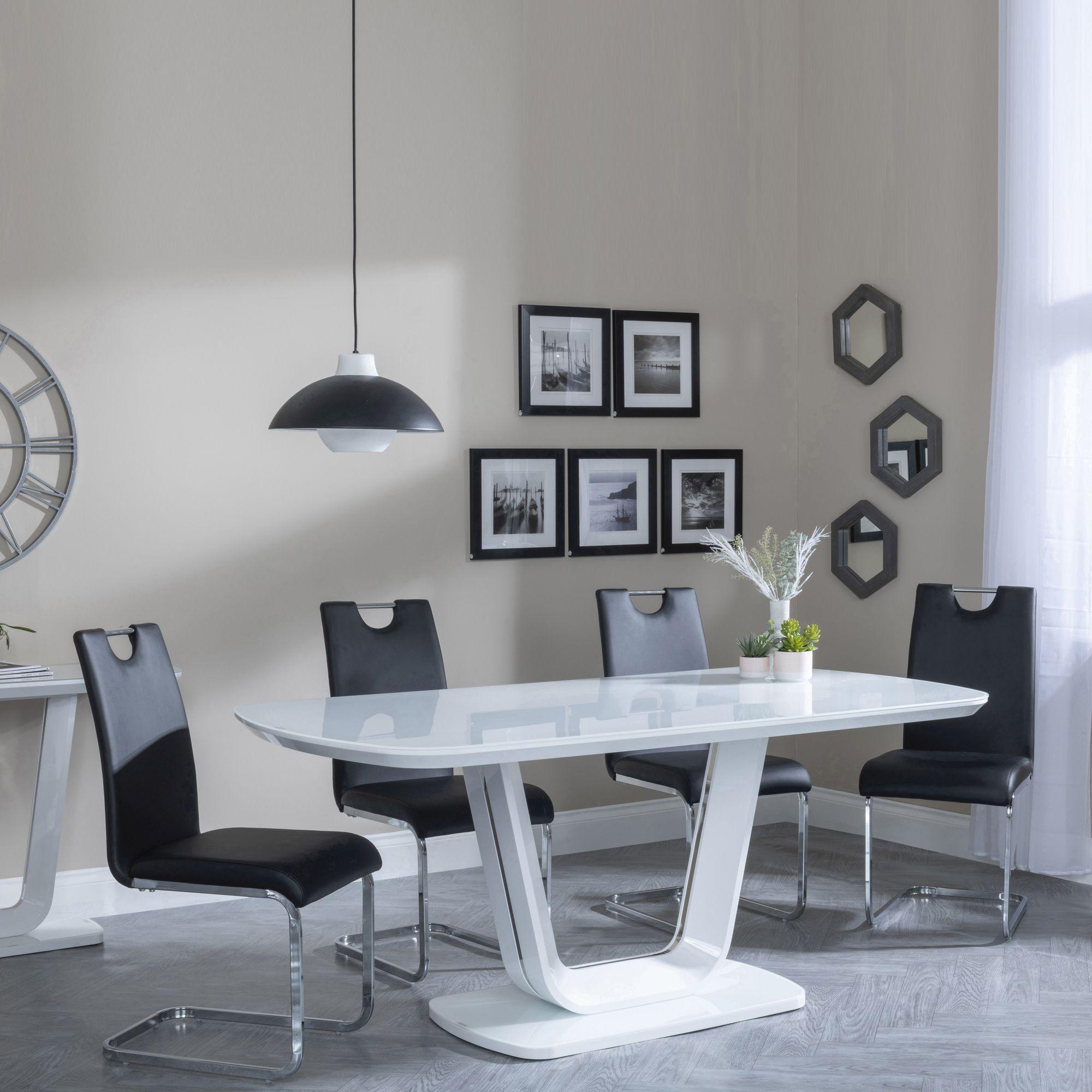 Clearance - Athos White Glass Dining Set - Bianco Black Faux Leather Dining Chair