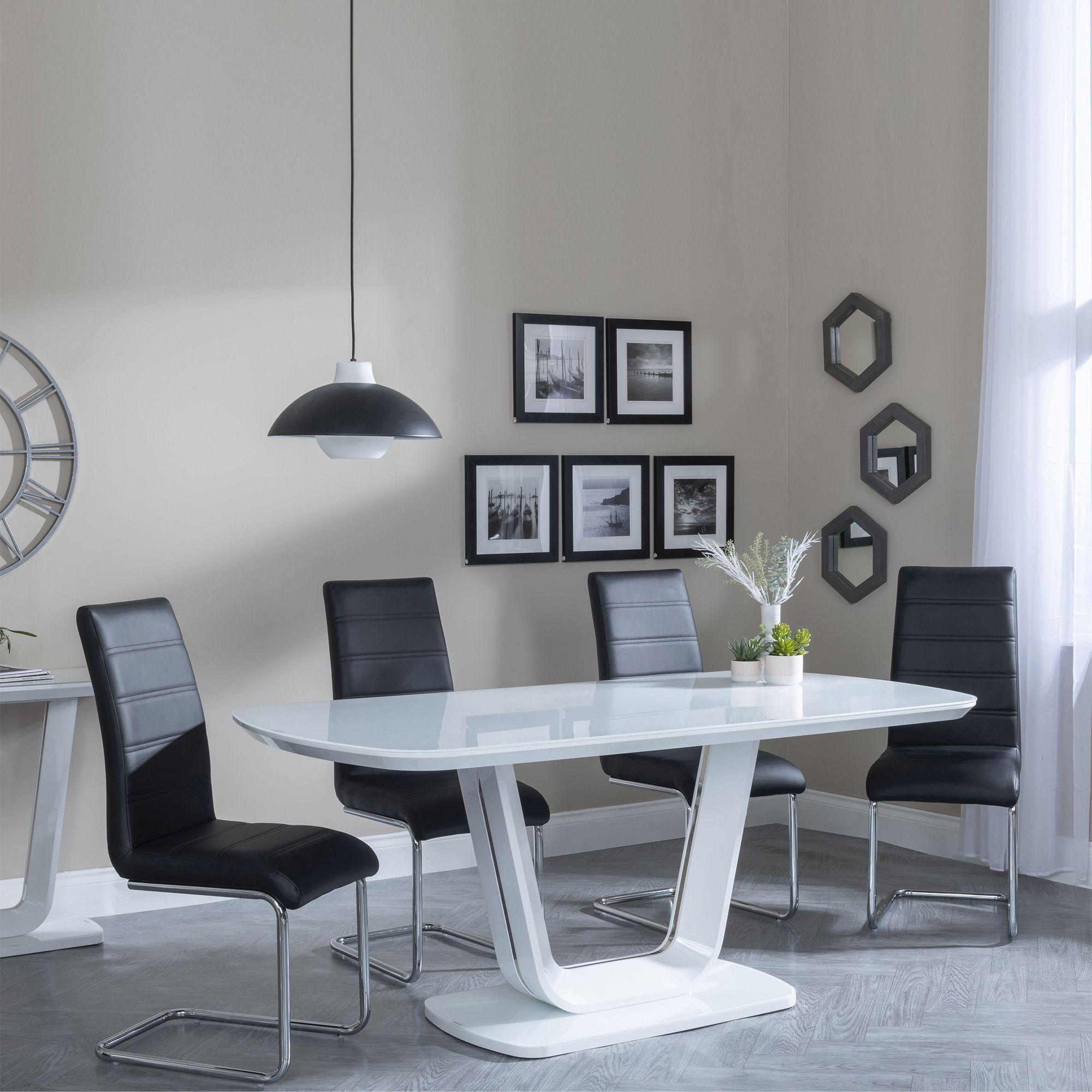 Clearance - Athos White Glass Dining Set - Roma Black Faux Leather Dining Chair