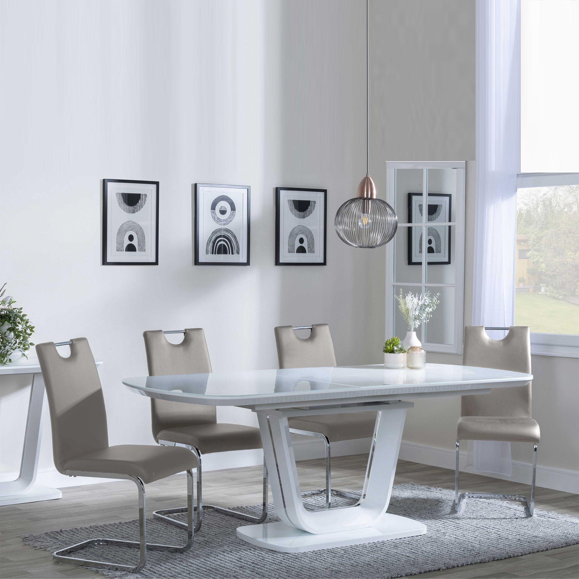 Clearance - Athos White Glass Extending Dining Set - Bianco Beige Faux Leather Dining Chair