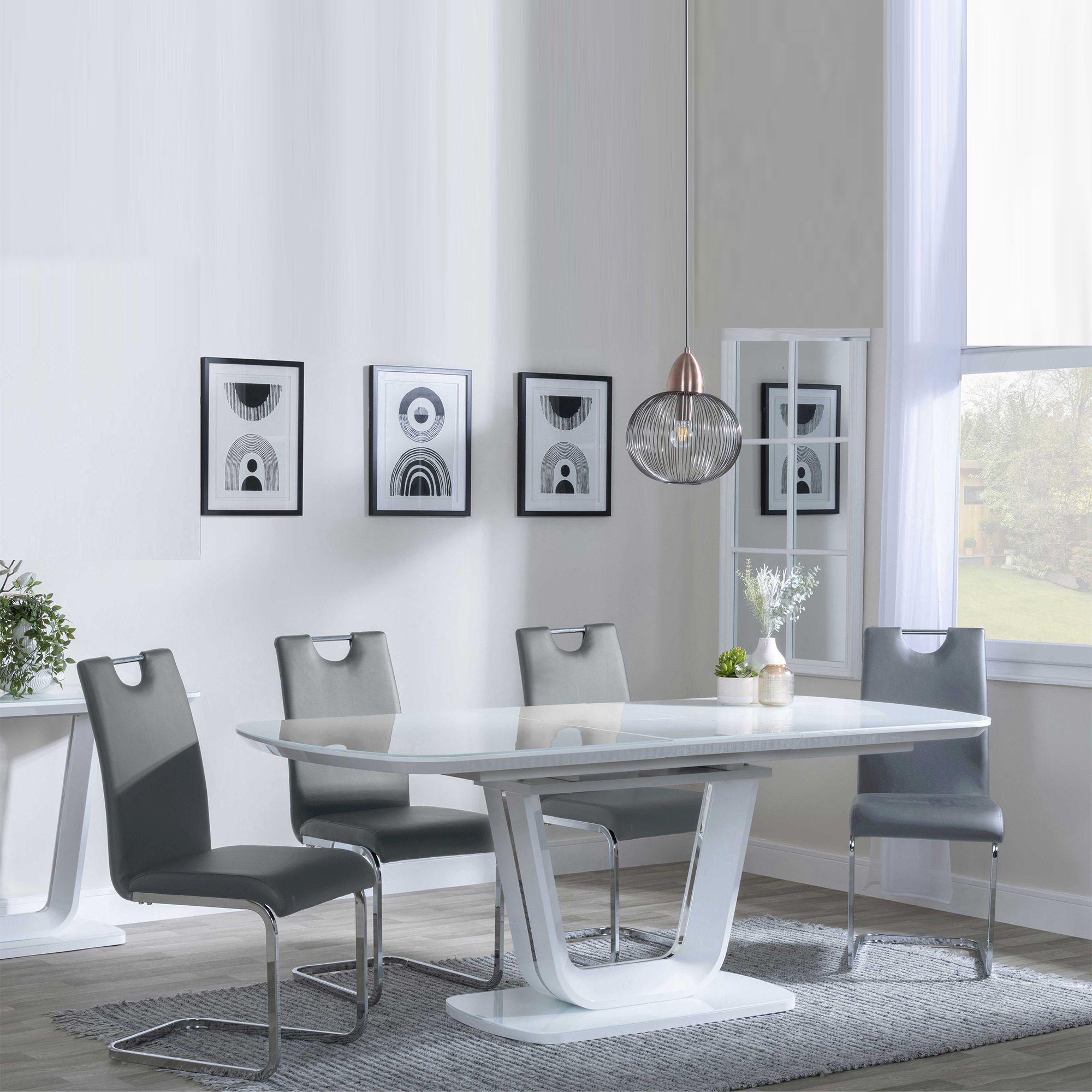 Clearance - Athos White Glass Extending Dining Set - Bianco Grey Faux Leather Dining Chair