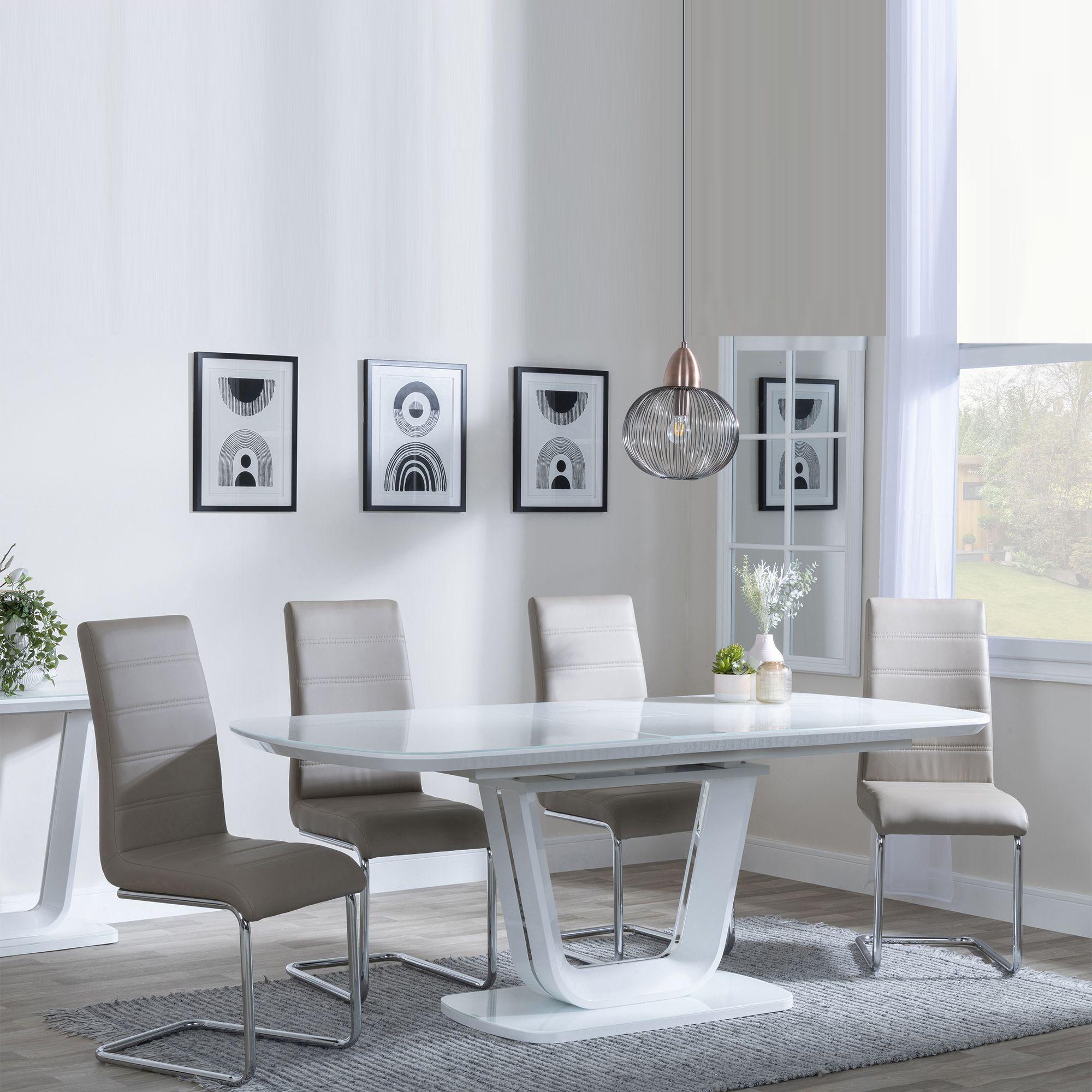 Clearance - Athos White Glass Extending Dining Set - Roma Beige Faux Leather Dining Chair