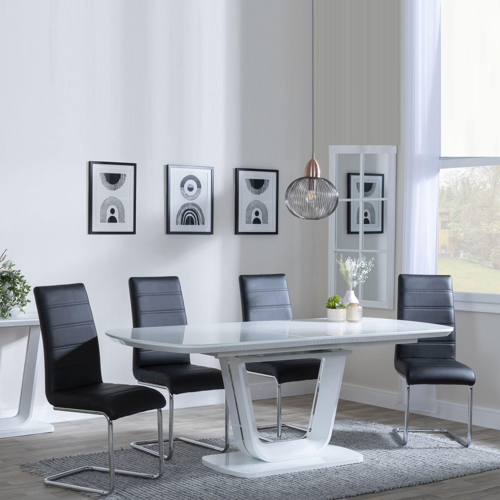 Clearance - Athos White Glass Extending Dining Set - Roma Black Faux Leather Dining Chair
