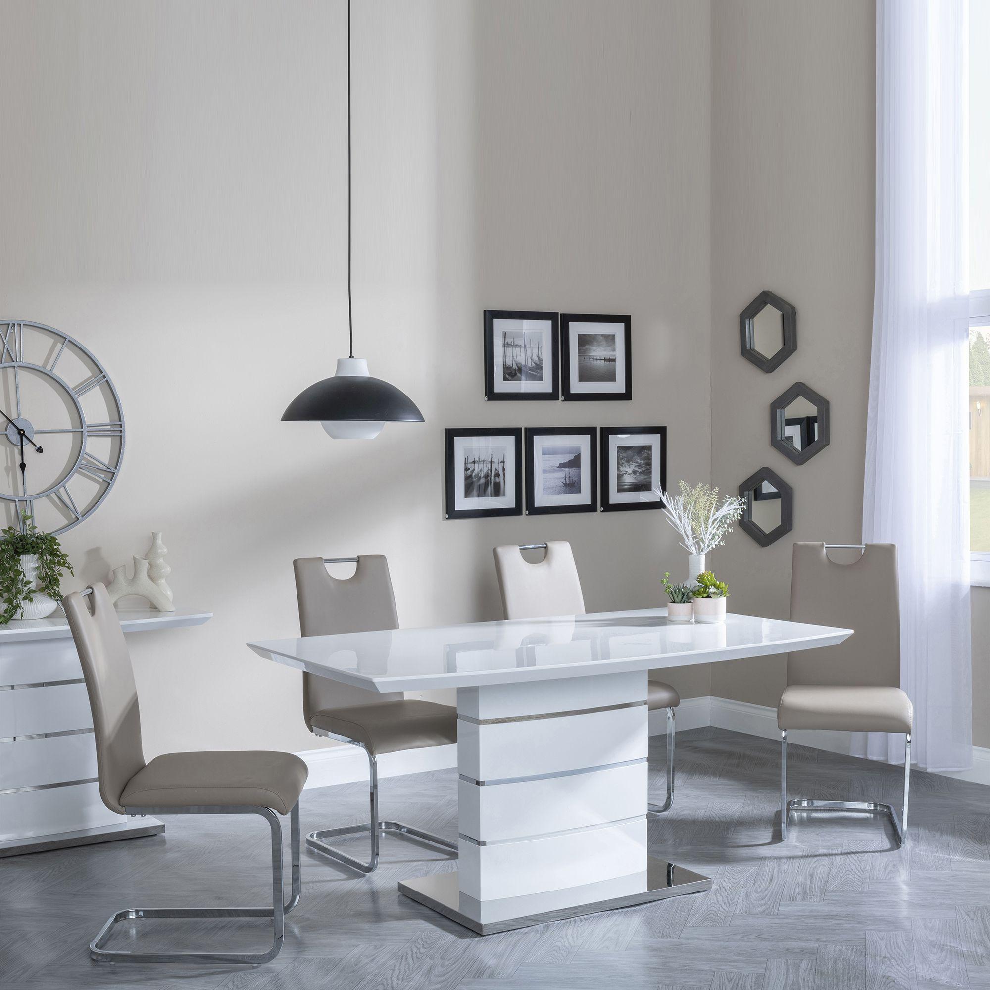 Clearance - Rimini White Gloss Dining Set - Bianco Beige Faux Leather Dining Chair