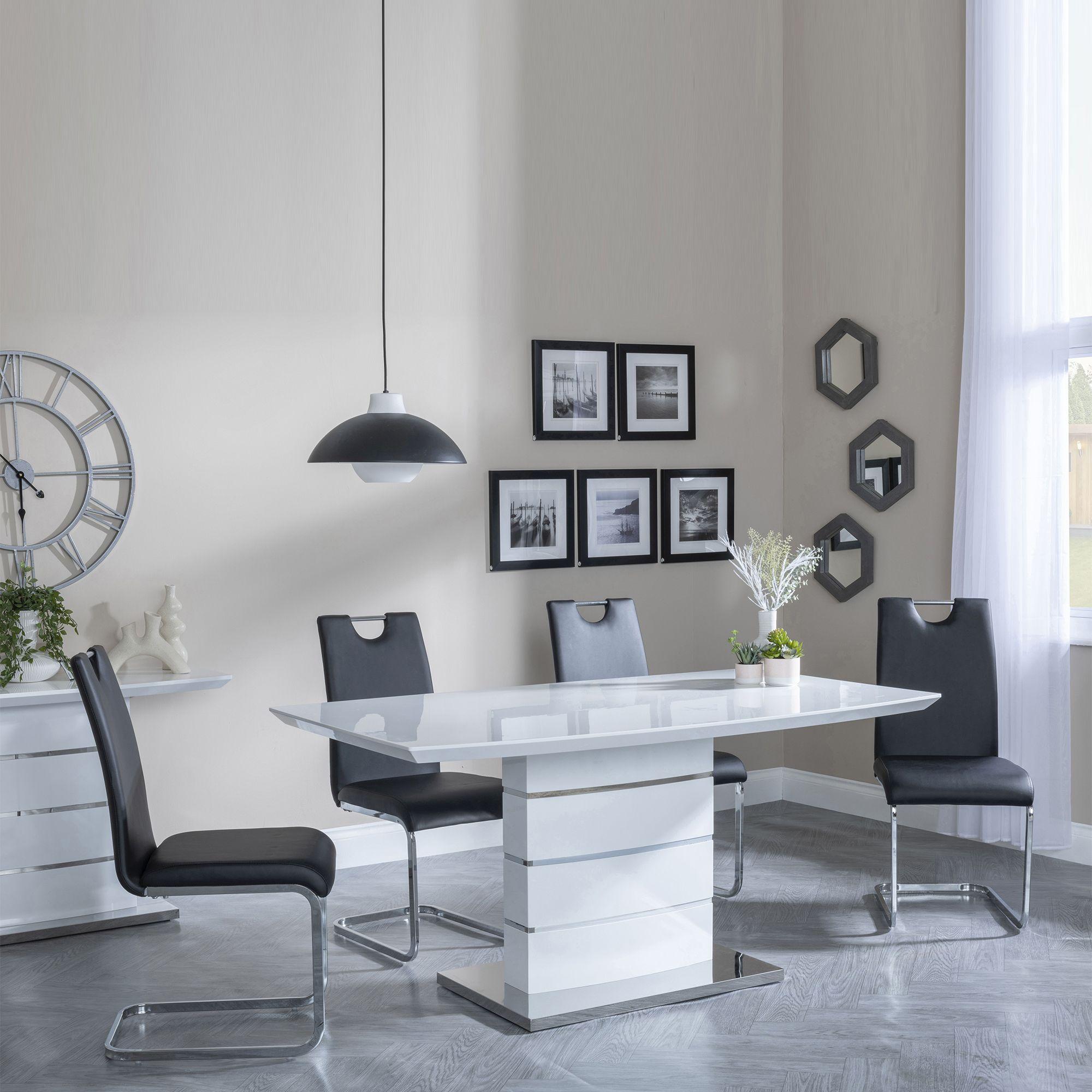Clearance - Rimini White Gloss Dining Set - Bianco Black Faux Leather Dining Chair