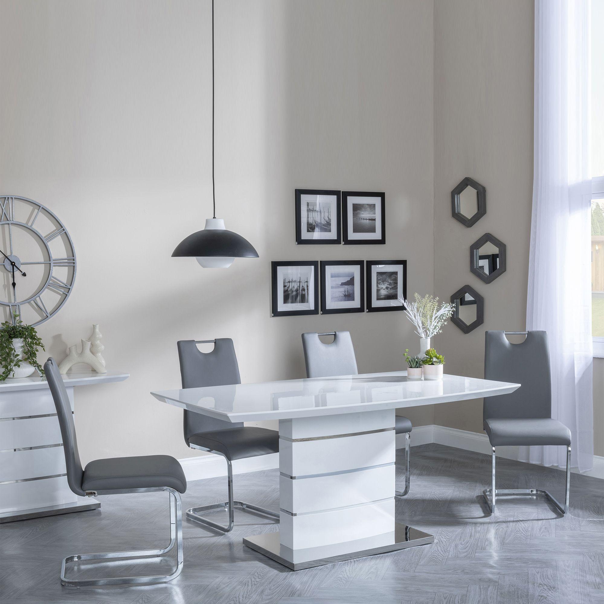 Clearance - Rimini White Gloss Dining Set - Bianco Grey Faux Leather Dining Chair